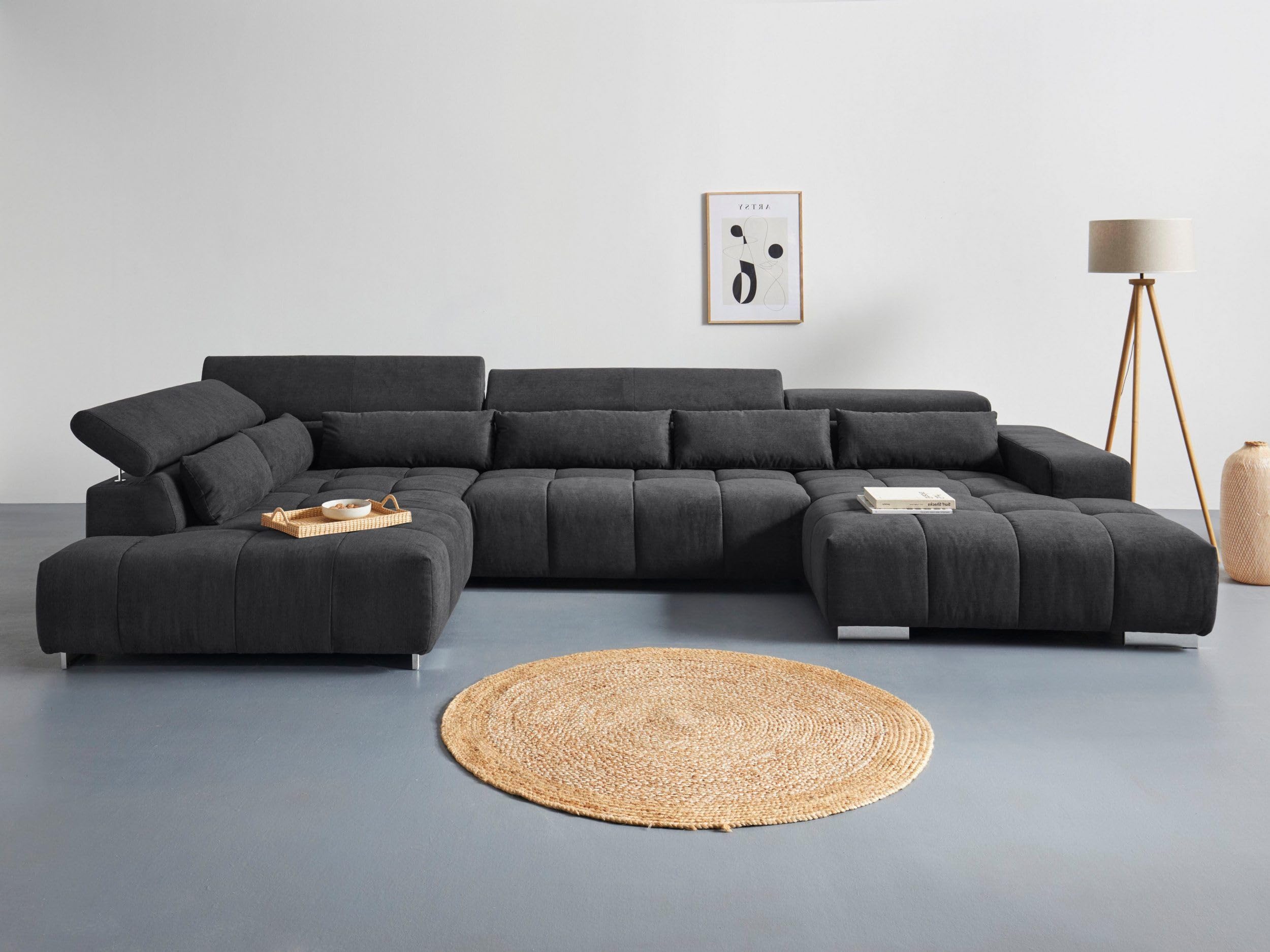 FUNTERIOR Logal ushape 8 Seater Beautiful and Modern Soft Touch Fabric Black Sofa Set for Living Room with moveable headrest (LHS).-image-30