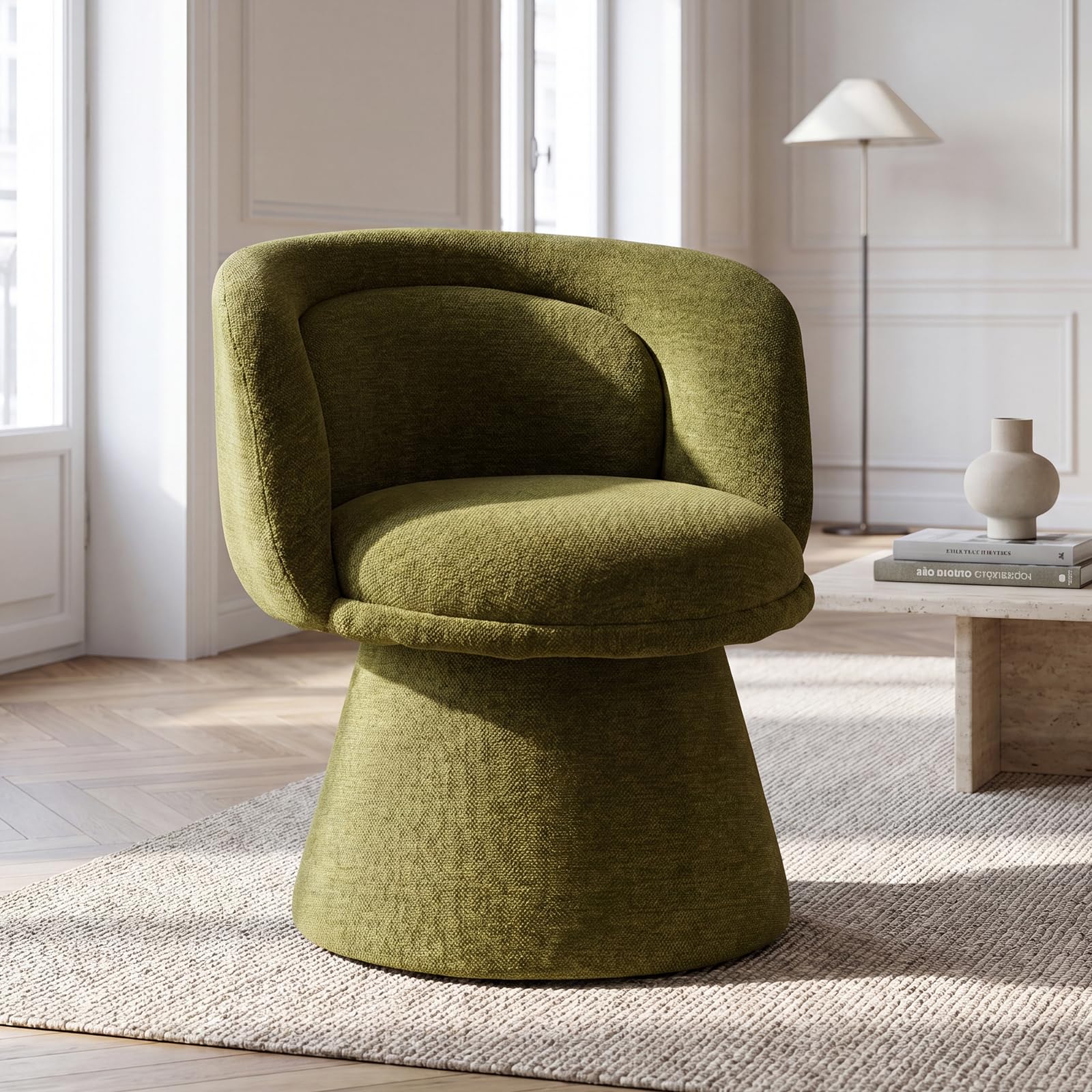 Poltrona Rétro Girevole in Ciniglia per Soggiorno, Verde | Sedia Camera da Letto con Seduta Imbottita, Schienale Curvo, Gambe in Metallo, Ideale per Sala da Pranzo/Casa