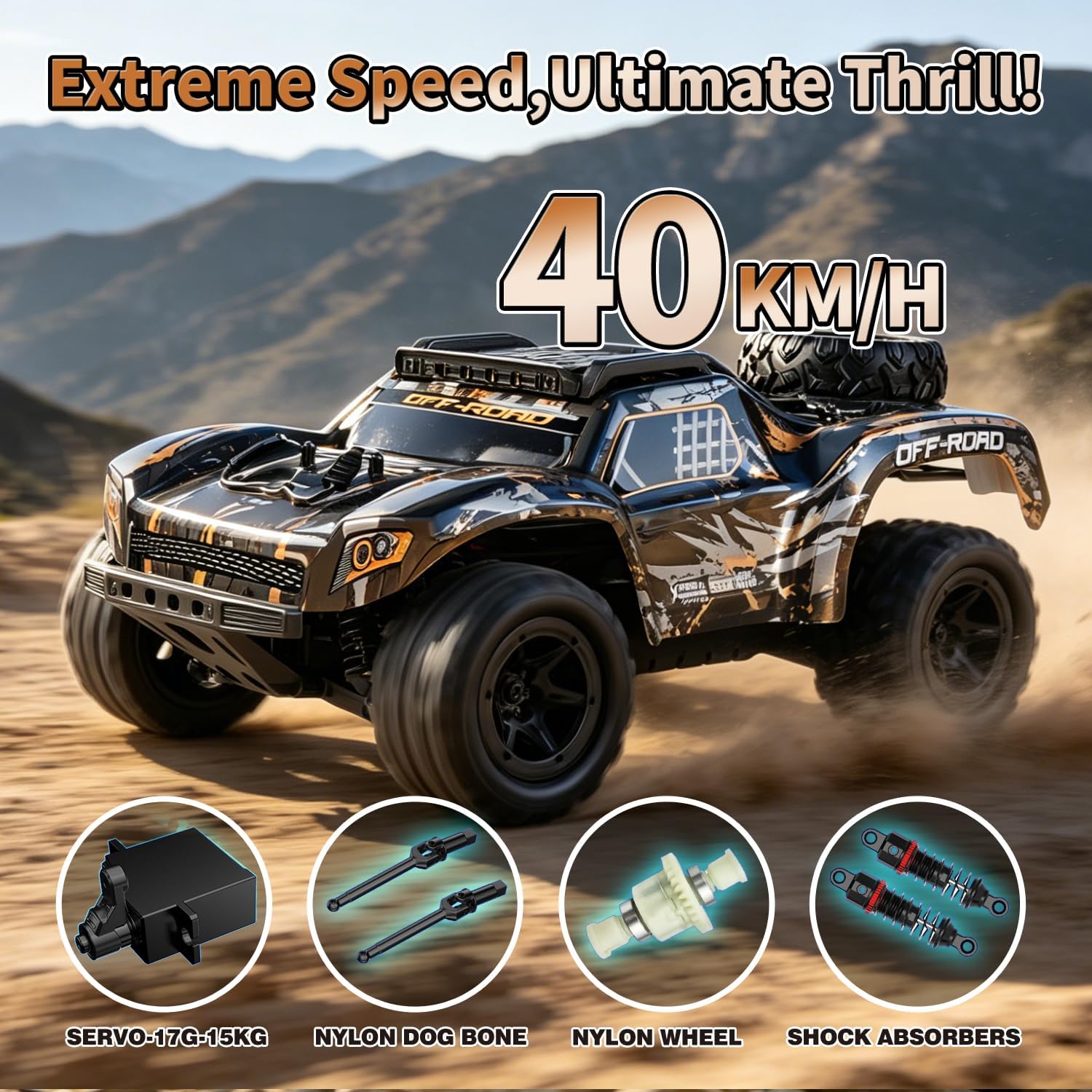 1:18 Fast RC Car for Boys & Adults, 4WD Off Road Remote Control Monster Truck, 2 Batteries, LED Lights, All Terrain Waterproof RC Truck for Beginners.