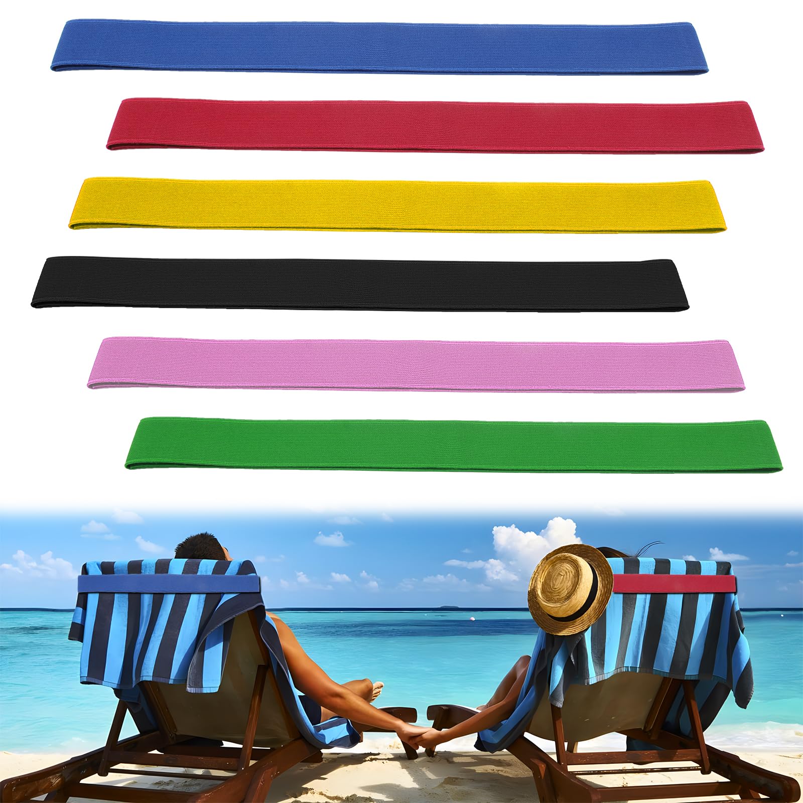QOPAHI 6 Pack Towel Bands for Sun Loungers Elastic Sunbed Towel Straps for Pool & Cruise Chairs