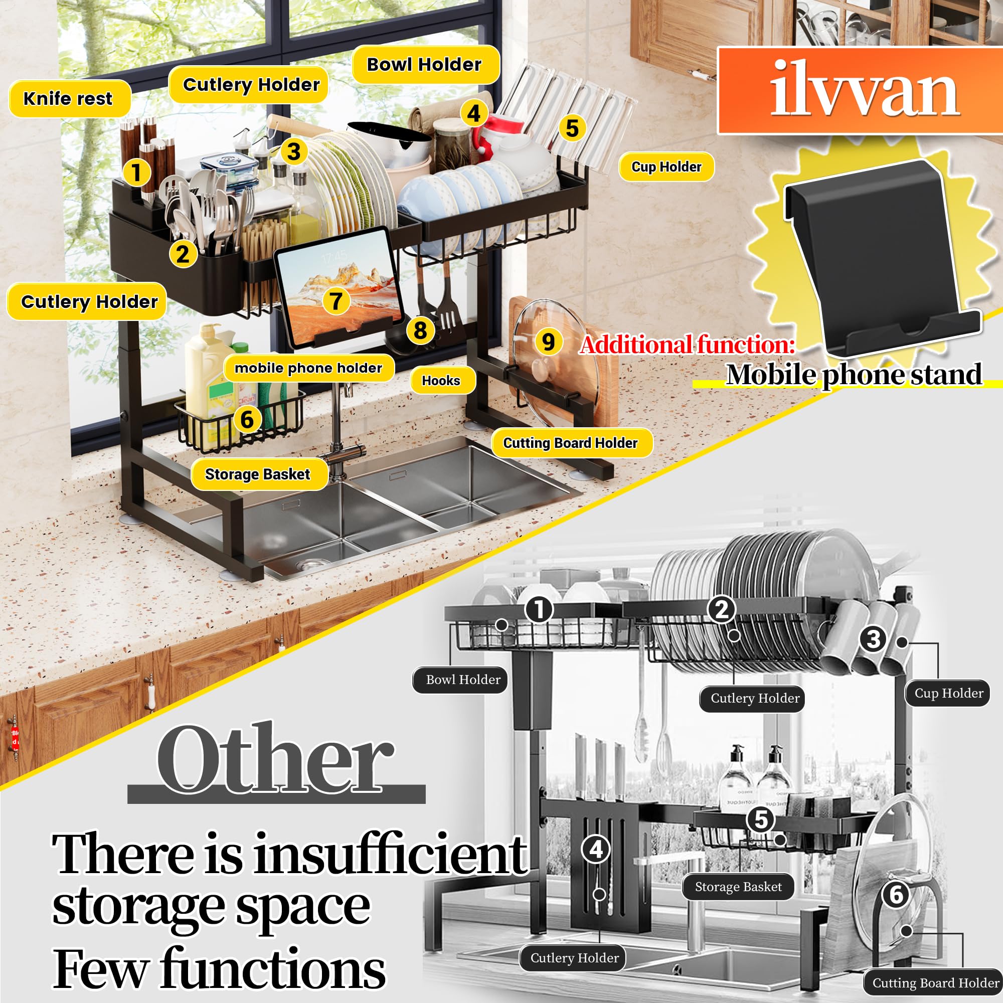 ilvvan Over Sink Dish Drying Rack (Expandable Height/Length) Snap-On Design Large Dish Drainer Storage Counter Organizer: 24" - 35.5"(L) x 12"(W) x 19" - 22"(H)