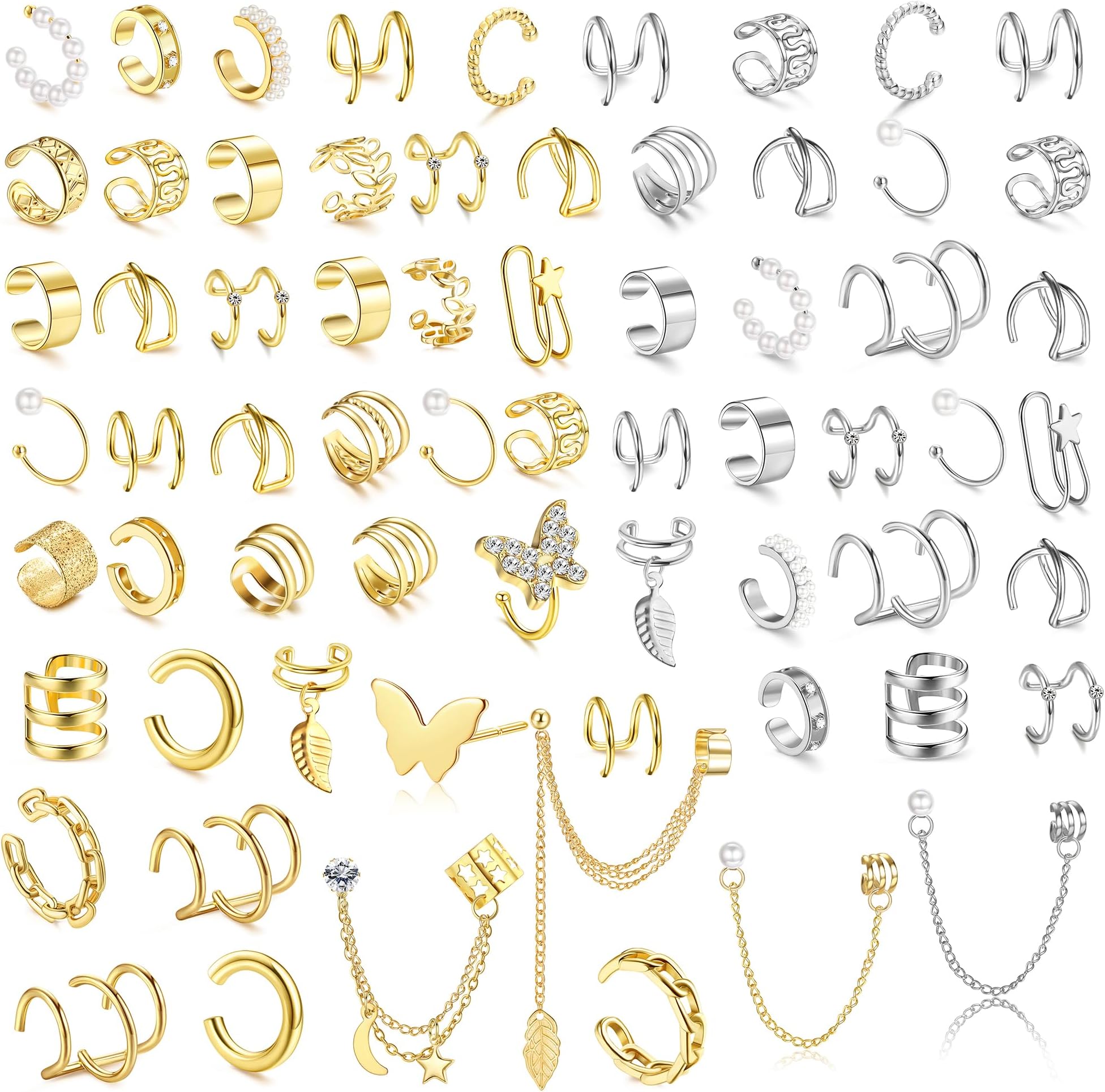 66 Pcs Ear Cuff Earrings for Women Non Piercing,Hypoallergenic Silver plated Clip on Fake Earrings for Sensitive Ears,Ear Wrap Earrings for Helix Cartilage,Cz Star Butterfly Ear Cuffs Non Piercing