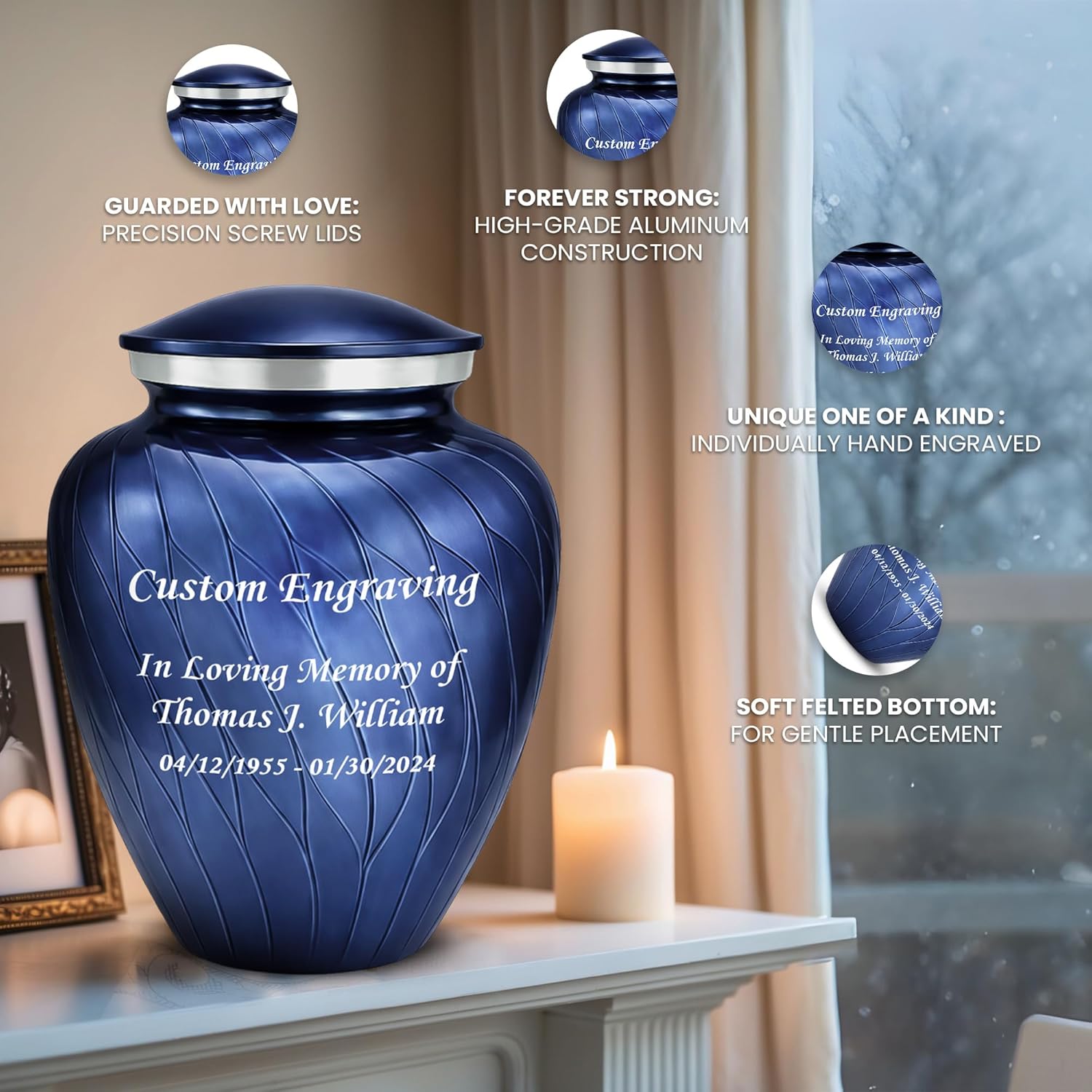 Set of 6 Serenity Pearl Custom/Personalized Engraved Decorative Urns for Human Ashes Includes 1 Large Urn with 4 Small Keepsakes & 1 Silver Necklace - Pearl Cobalt Blue