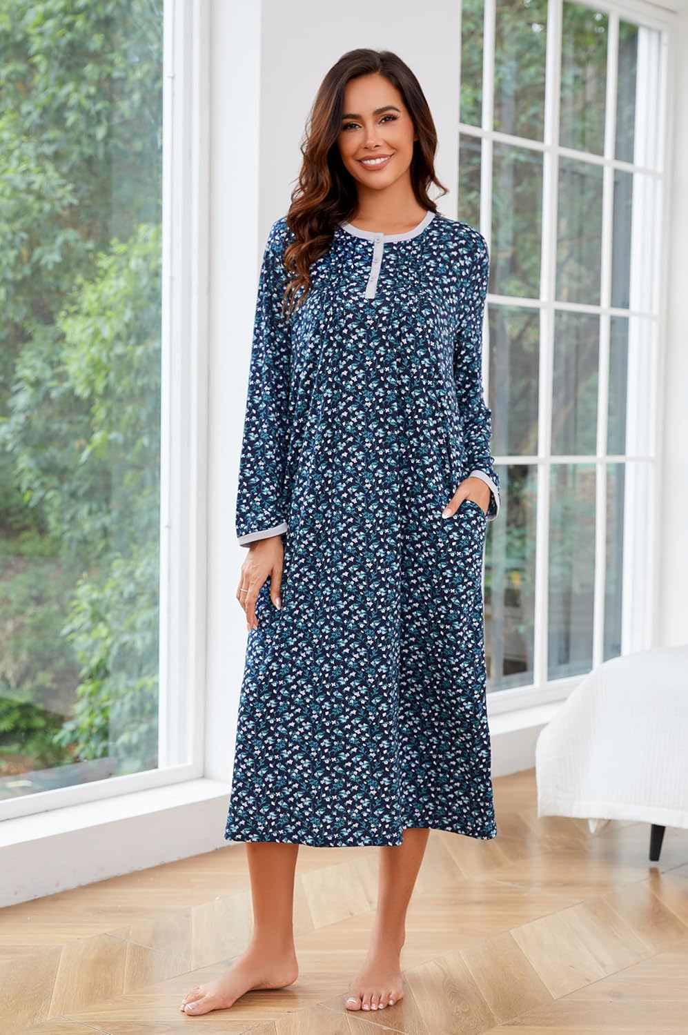 AVIIER Cotton Nightgowns for Women Soft Long Sleeve Night Gown with Pockets - Image 5