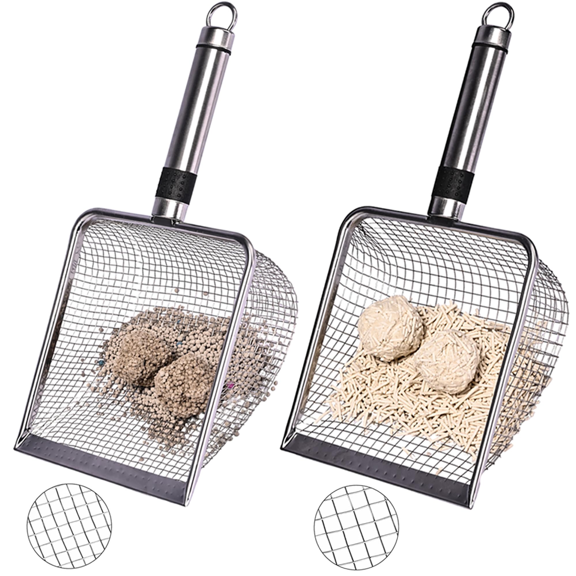 2-Pack Stainless Steel Cat Litter Scoop, 3.8mm Fine Mesh & 5mm Metal Scooper, 5.5-Inch Wide Deep Shovel, Long Handle, Rustproof Cat Poop Scooper for Clumping Litter, Multi-Pet & Beach Sand