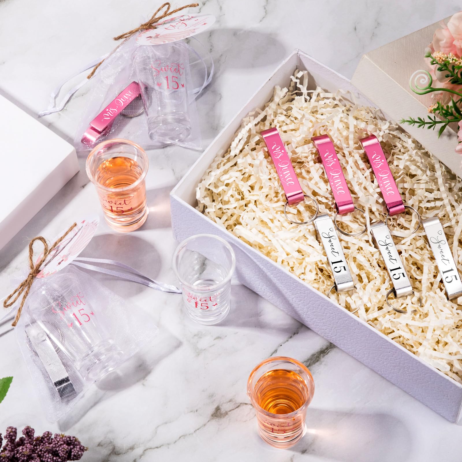 SiliFine 30 Set Quinceanera Party Favors for Guests Sweet 15th Acrylic Shot Glasses Bottle Opener Keychain Organza Bags Thank You Cards Rope Quinceanera Gift for 15th Birthday Party Favor (Pink)