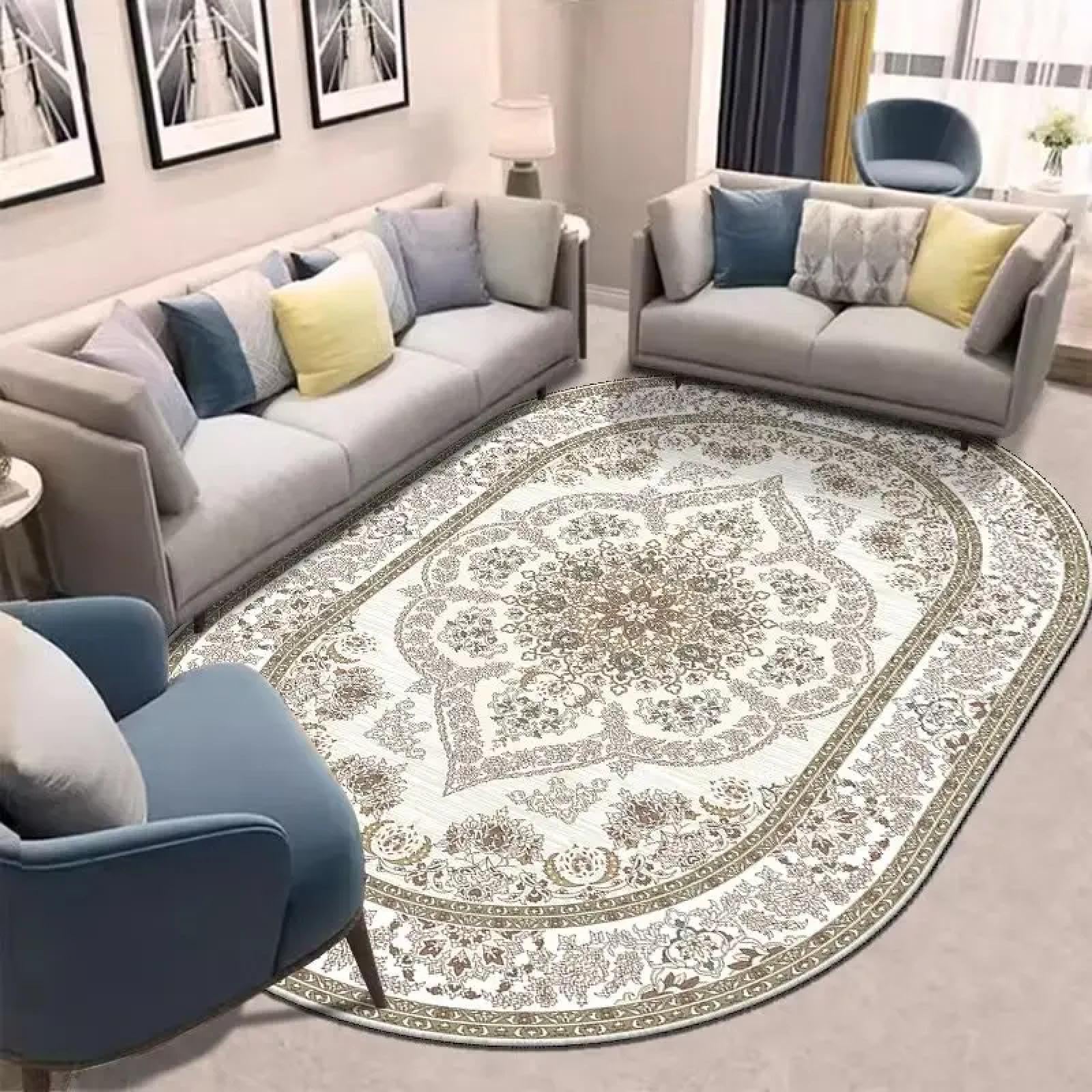 Tapis ovale salon retro en flanelle et tapis de sol lavable