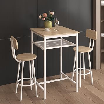 3-Piece Bar Table Set, 2-Tier Small Square Bar Table with Mesh Shelf, Height Stools with Backrest, Counter Height Bistro Pub Dining Table Set for Breakfast Nook, Small Space, White Oak