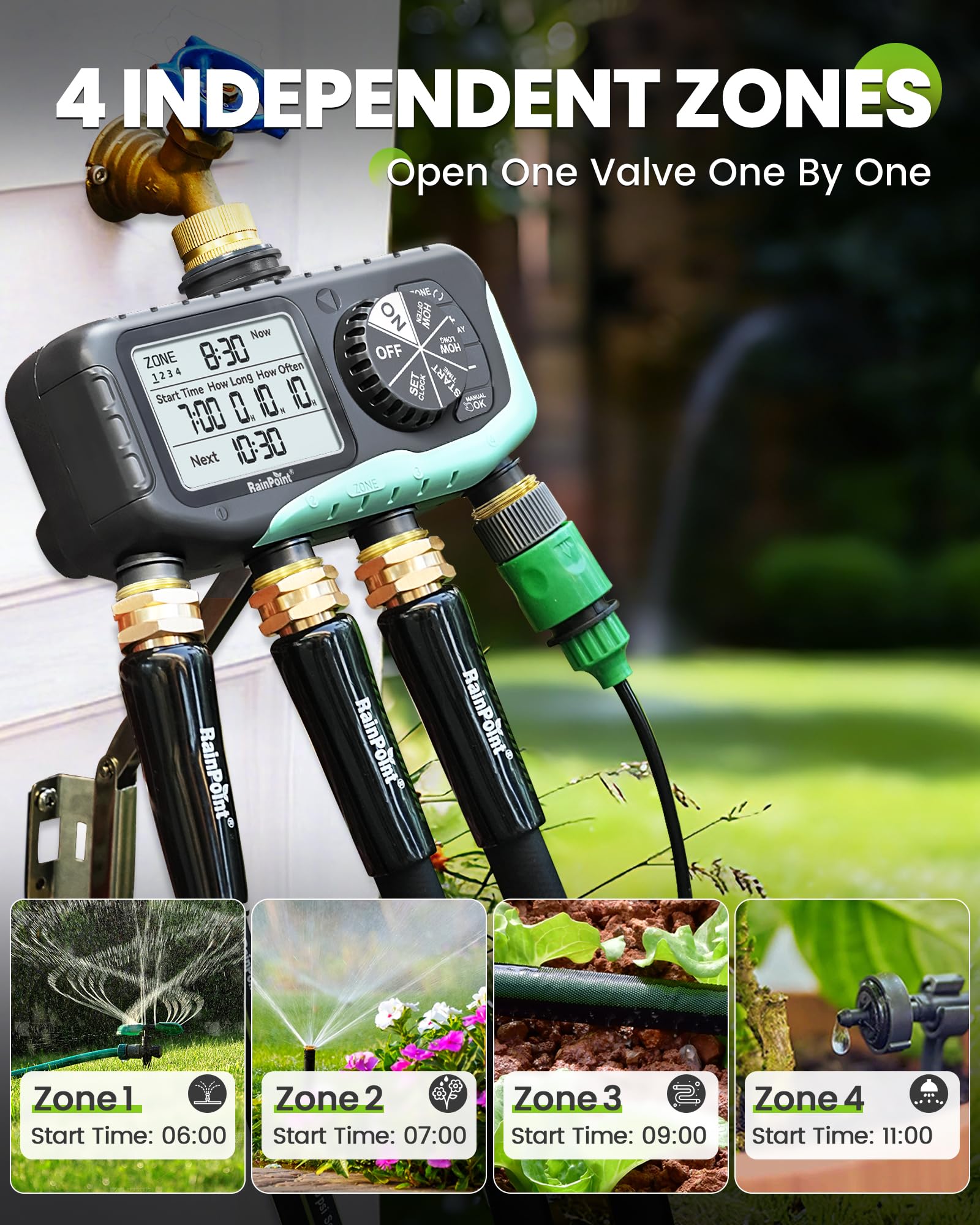RAINPOINT Timer per irrigazione a 4 zone, programmabile, per tubo flessibile con ritardo della pioggia/sistema di irrigazione manuale/automatico, irrigazione digitale per cortile, prato