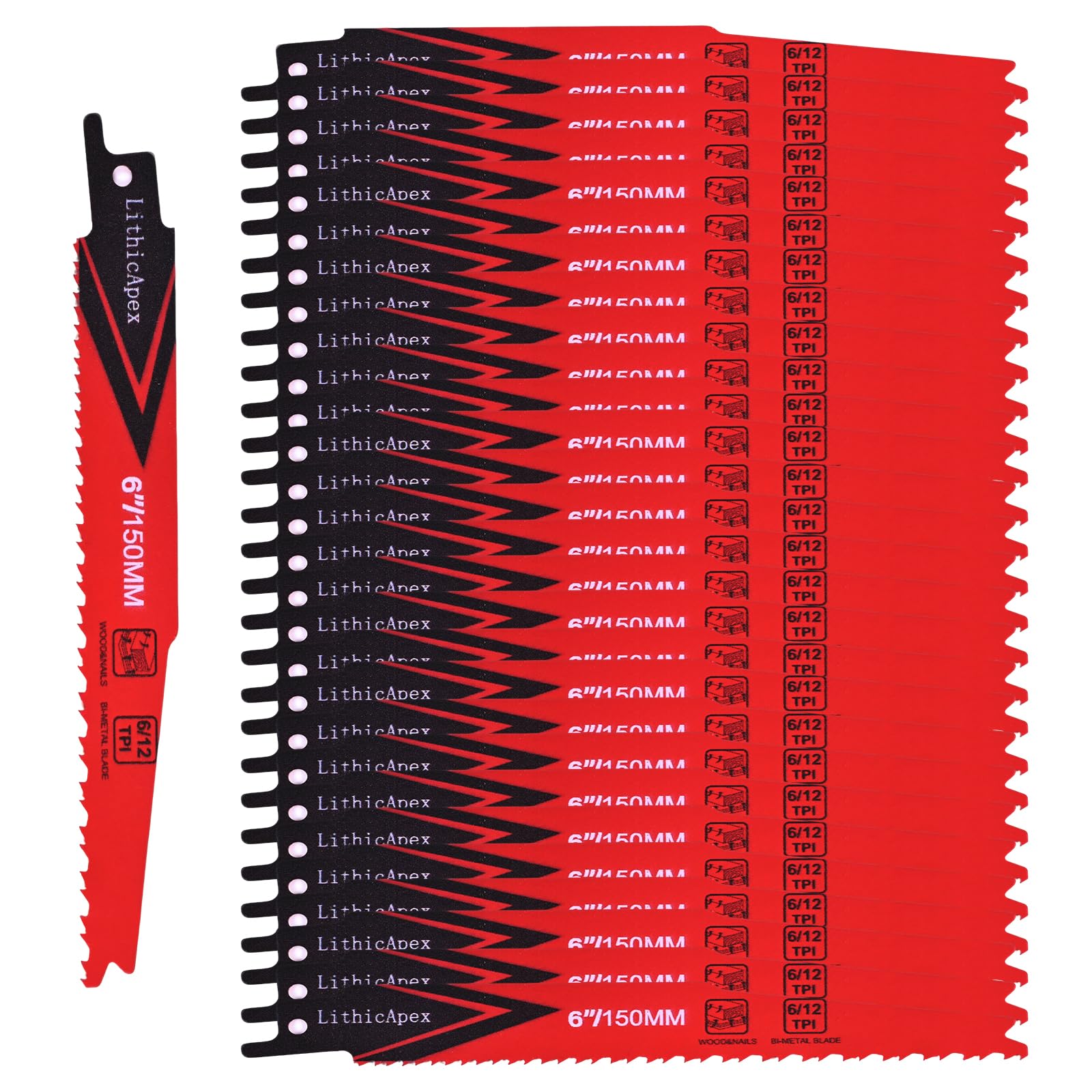 6 Inch 6/12 Tpi Reciprocating Saw Blades Metal, Bi-Metal Sawzall Blades Metal Dismantling Saw Saw Blades Tree Wood Cutting with a Holder Case Pallets Demolition PVC Pipe(25 Pack)