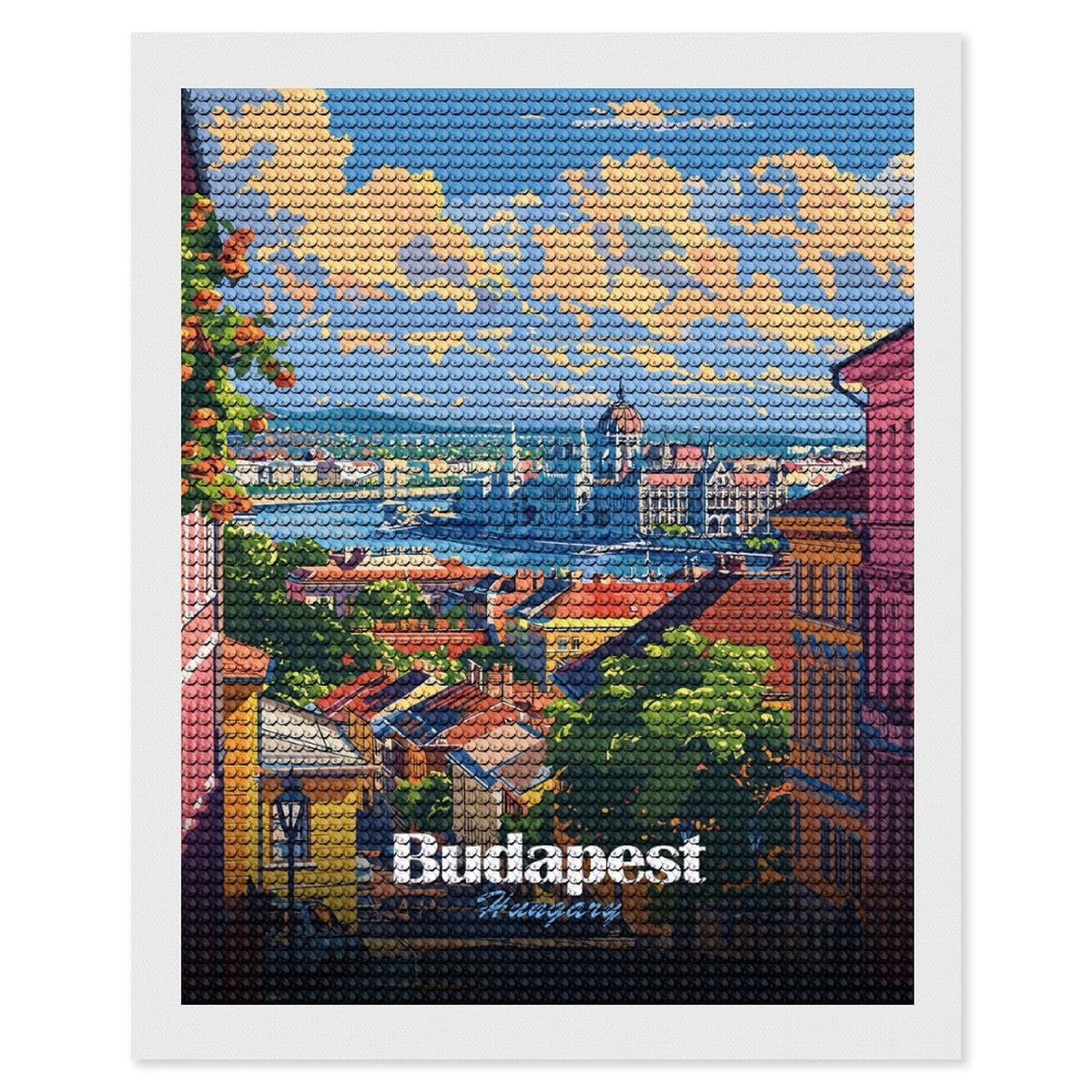 Junmoney Budapest, Hungary Cityscape Illustration Crystal Diamond Art Kit 16"x20", Round Gems, Detailed Printed Canvas, Creative Gift Idea, Vintage Style Decor