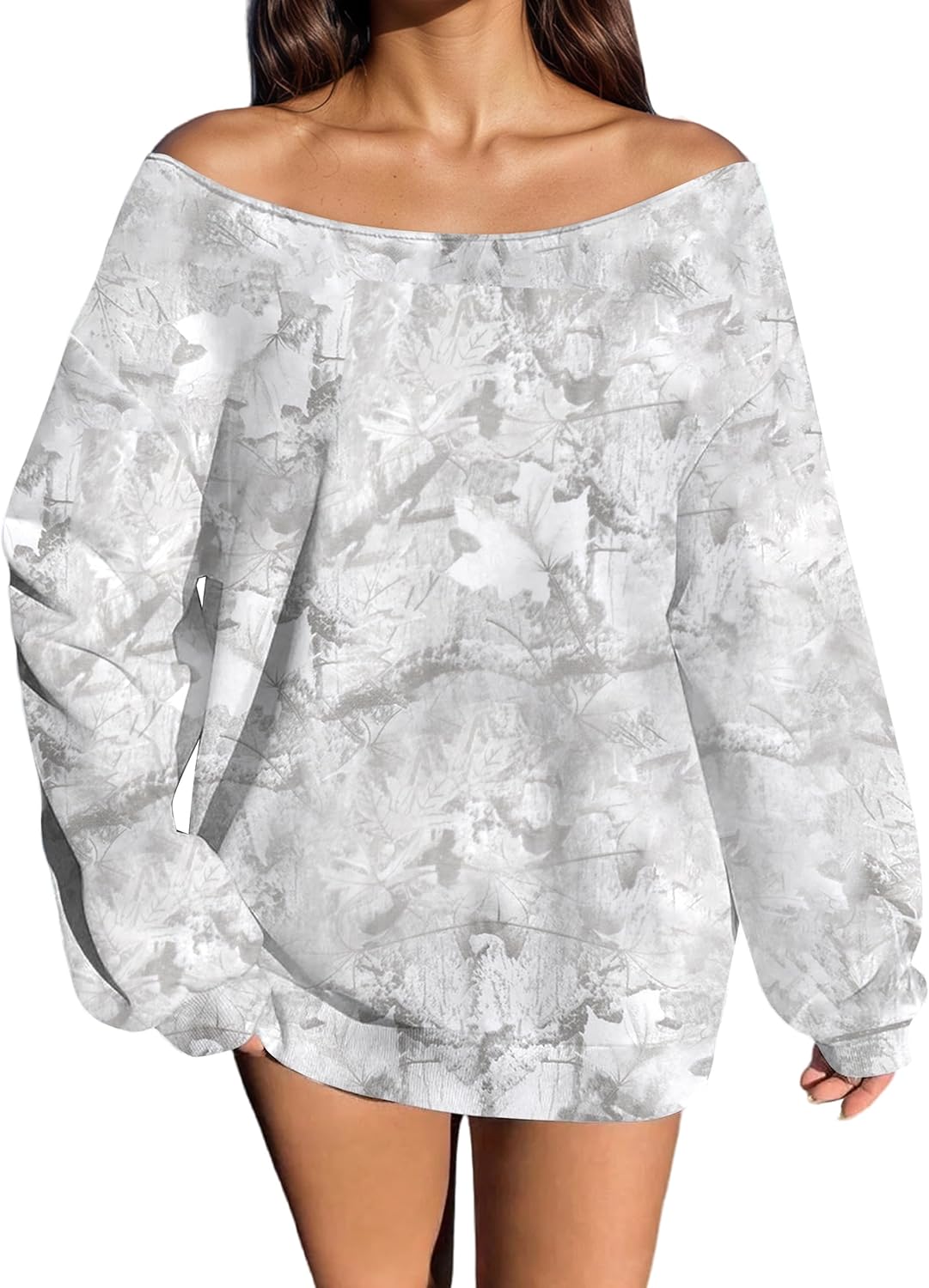MISSACTIVER Camo Sweatshirt for Women Oversized Fleece Off Shoulder Long Sleeve Maple Leaf Print Pullover Sweater Tops