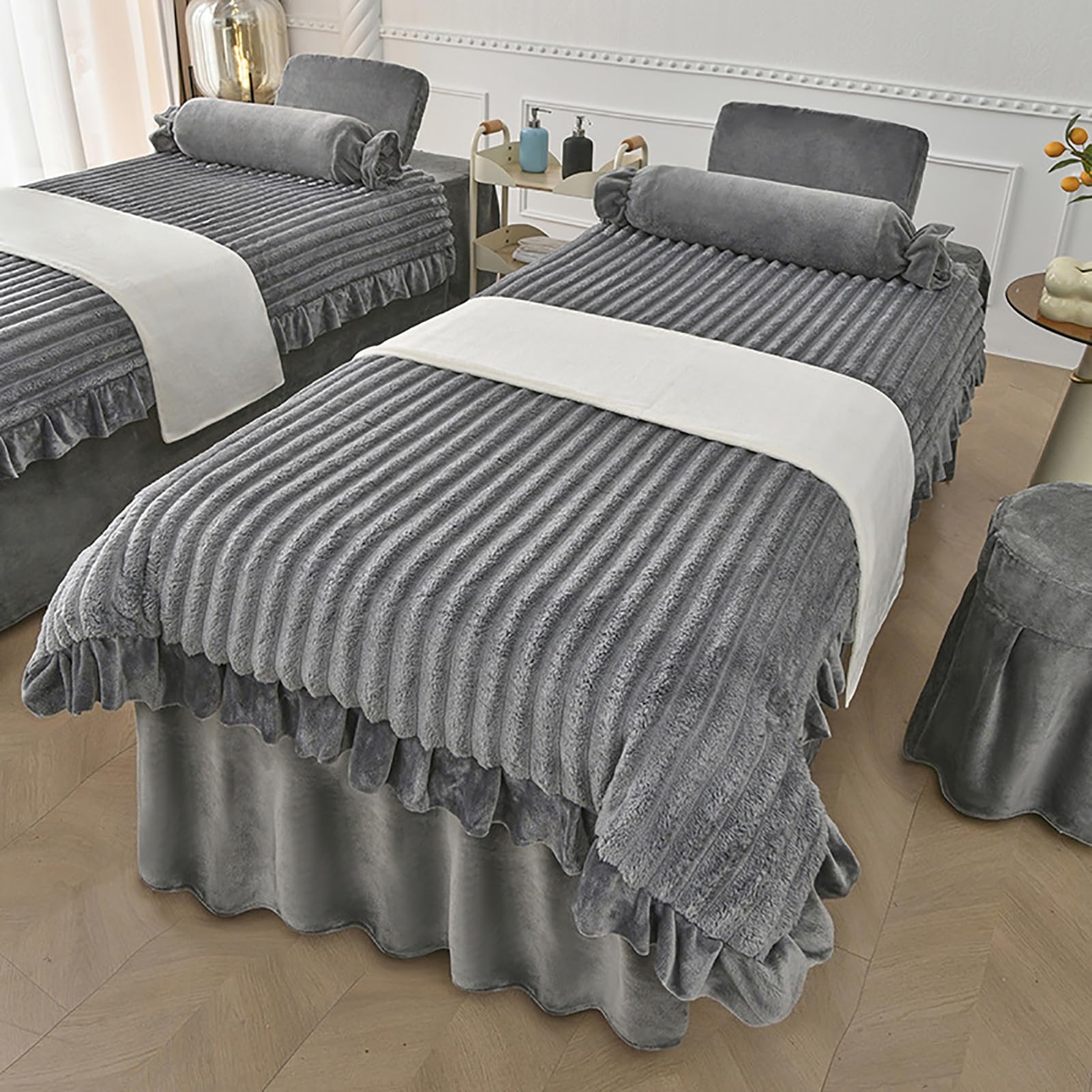 Massage Bed Skirt Spa Bed Cover with Elastic Band Breathable Massage Table Skirt with Face Hole,Salon Bedspread & Skirt,4Pcs Beauty Salon Bedding Set,grey2,70x190cm(28x75inch)