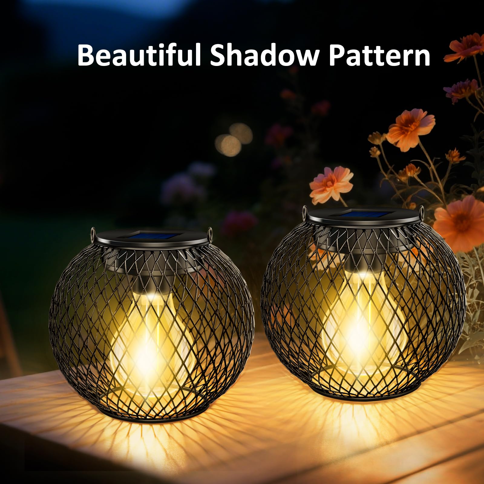 Liuyife Metal Solar Lantern Waterproof IP65, Auto On Off 2 Pack Hanging Lanterns with Bulbs - Image 4