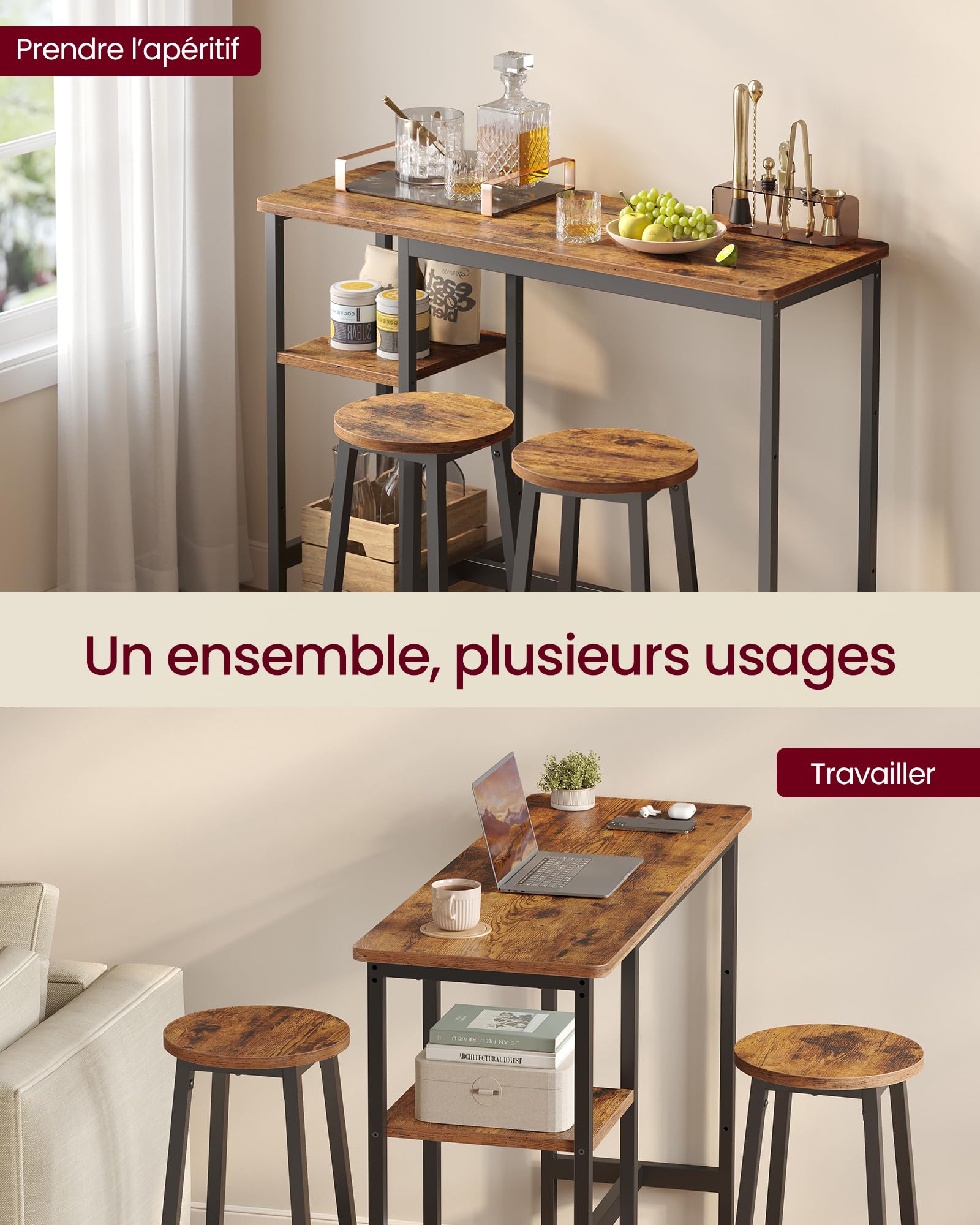 VASAGLE Ensemble Table de Bar avec 2 Tabourets, Ensemble de Salle à Manger, avec Étagères, pour Salon, Cuisine, Structure en Acier, Montage Facile, Marron Rustique et Noir d'encre LBT220KD01