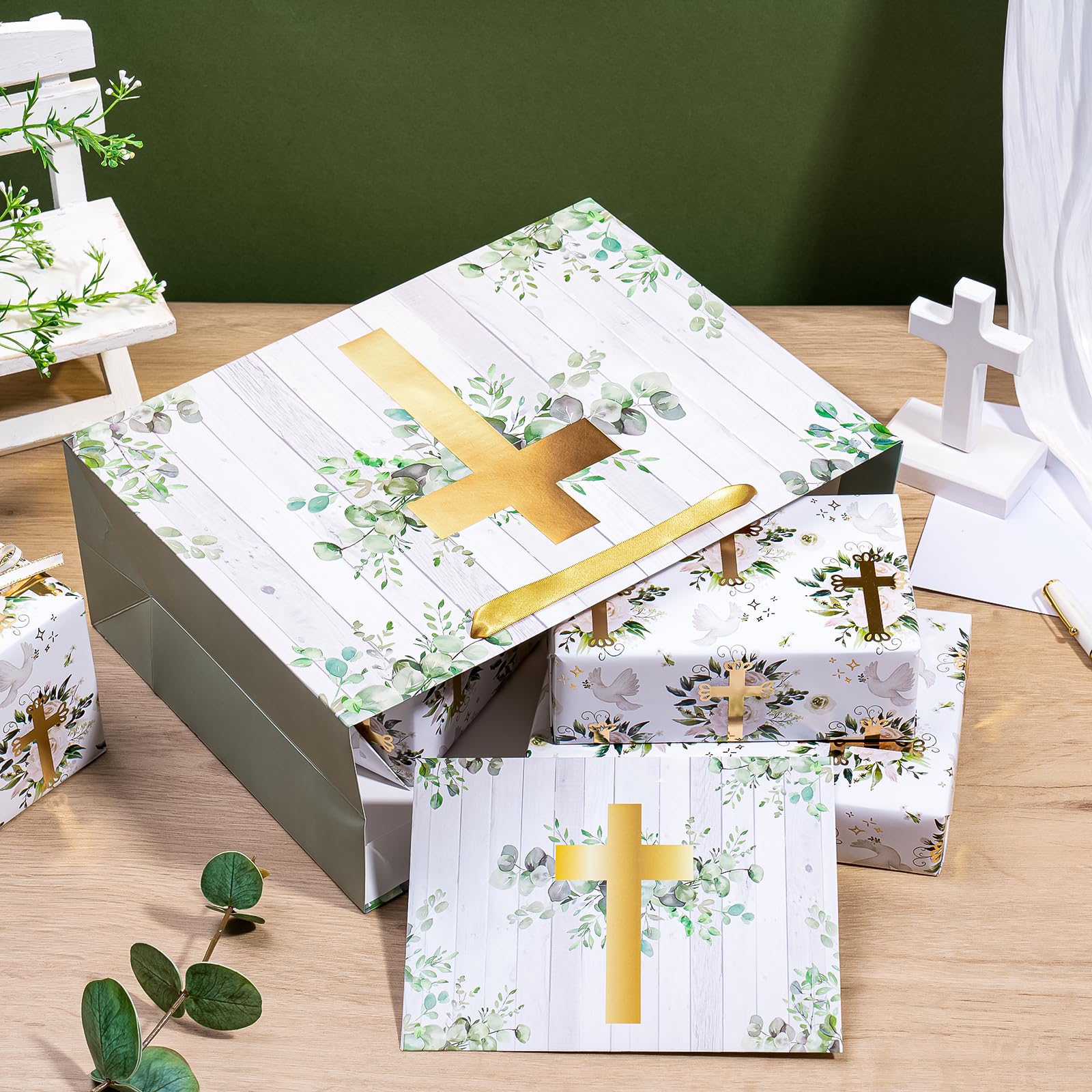 WRAPAHOLIC 13" Large Religious Gift Bag with Card and Tissue Paper - Gold Foil Eucalyptus Cross Design for First Communion, Easter, Baby Baptisms, Christenings