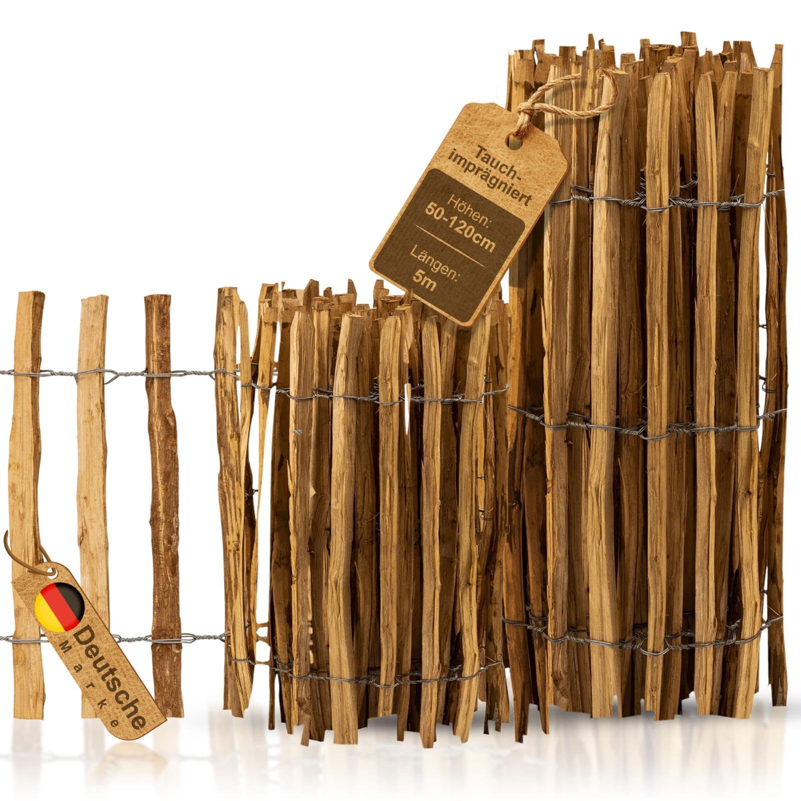 BOOGARDI Gartenzaun Holz in 12 Größen · Staketenzaun 100 cm hoch aus Haselnuss · Holzzaun, Teichzaun, Zaun, Rollzaun, Garten, Sichtschutz, Jägerzaun · 100cm x 5m (Lattenabstand 3-5cm)