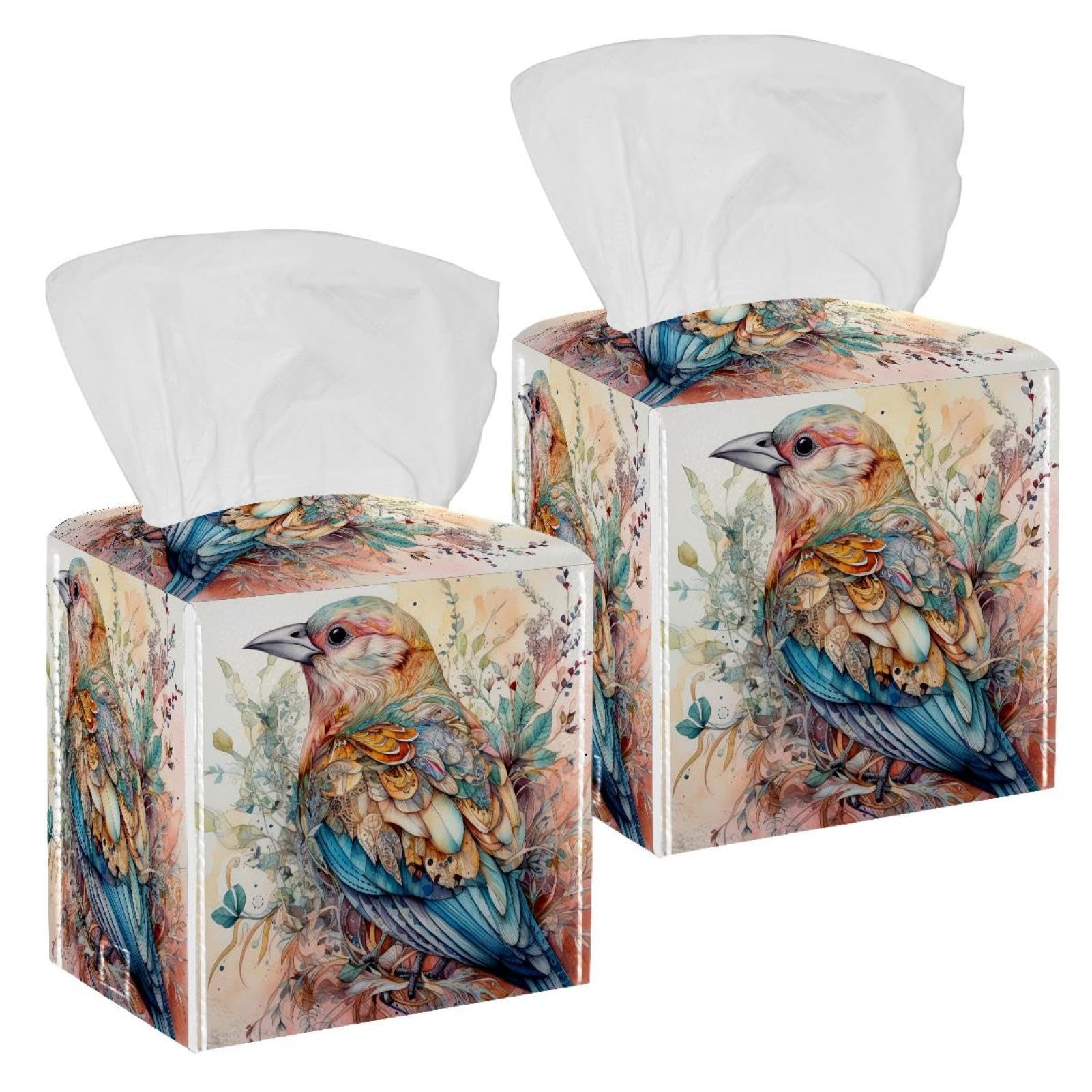 Watercolor Bird Leaves Tissue Box Cover, 2 Pack PU Leather Square Facial Tissue Dispenser Box holder for Home Office Car