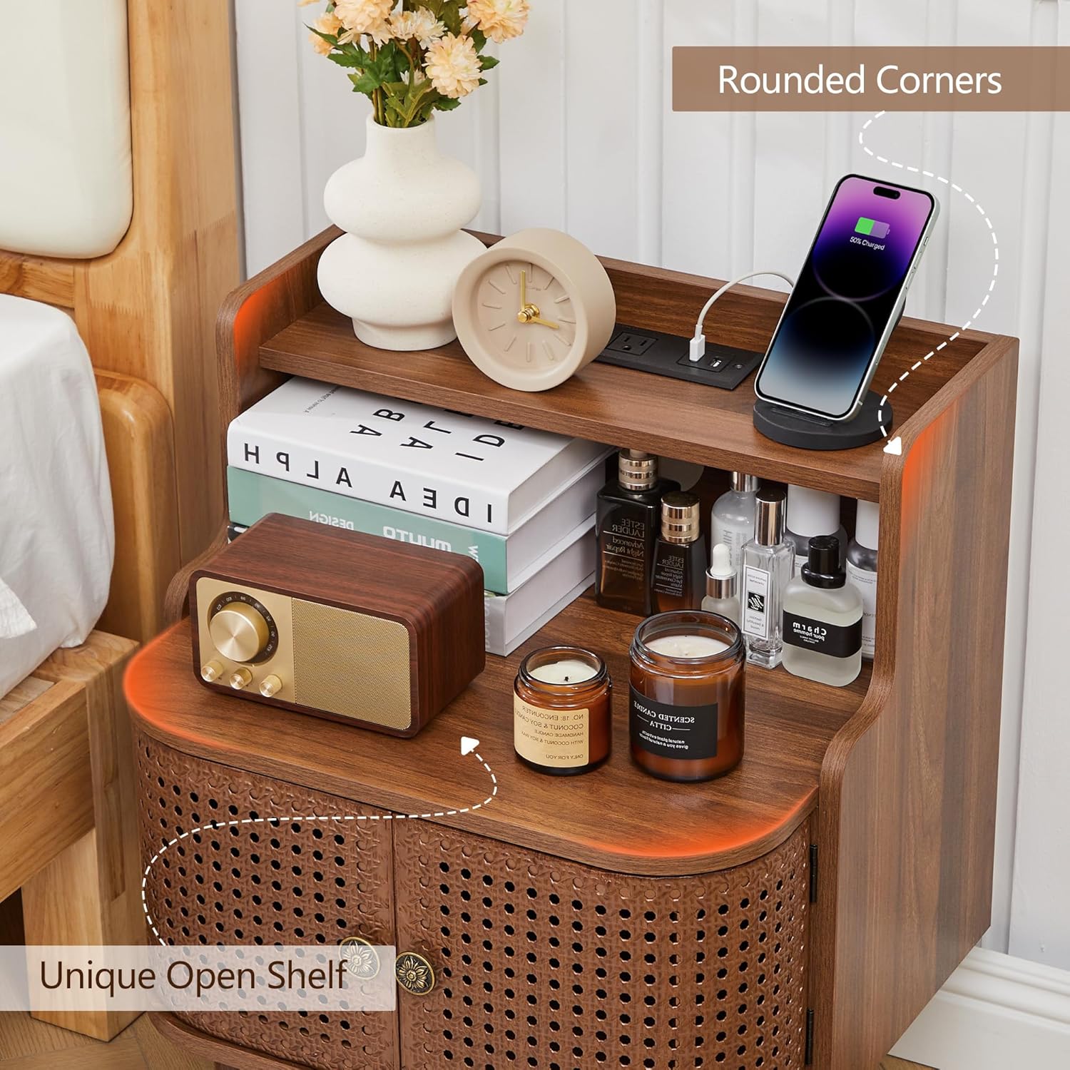 Metal Rattan End Table with Charging Station, Mid Century Modern Nightstand with 2 Doors, Bed Side Table with Storage for Couch,Living Room,Small Spaces, Sofa Side Table for Office,Dorm - Walnut