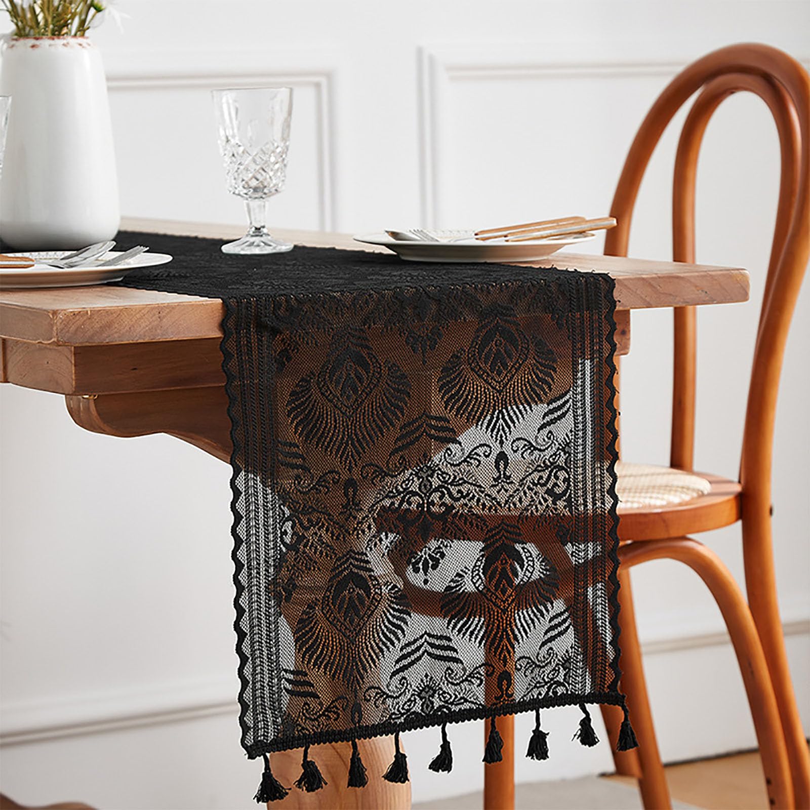 KLUSIET Long Table Runner with Tassels, Macrame Table Runners, Woven Lace Table Runner, Farmhouse Table Runner for Home Dining Table Décor(102in,K)