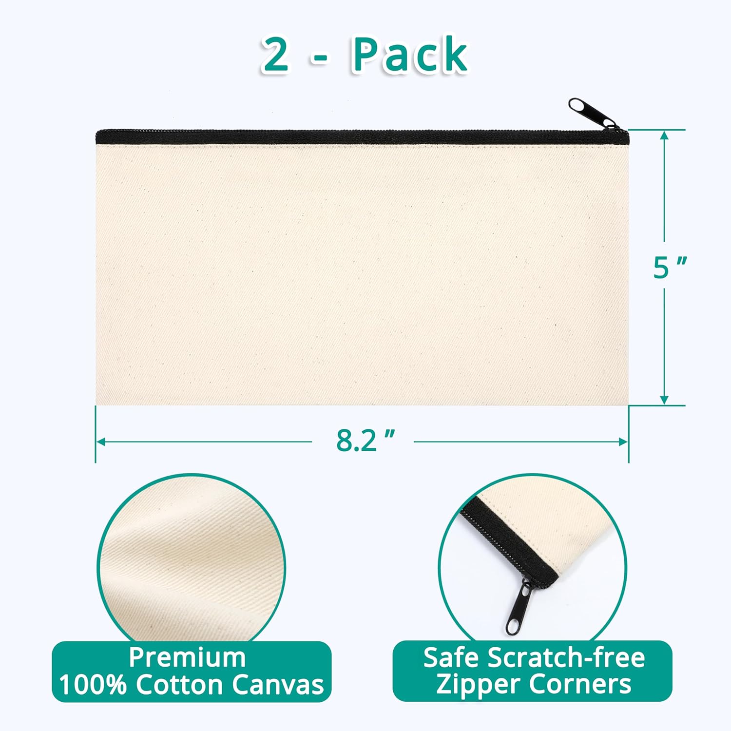 Phicorn Small Canvas Zipper Pouches, 2-Pack (8.2" × 5") – Blank & Printed Options, Makeup Bag, Pencil Case, Travel Organizer, DIY Craft Bag - Image 2