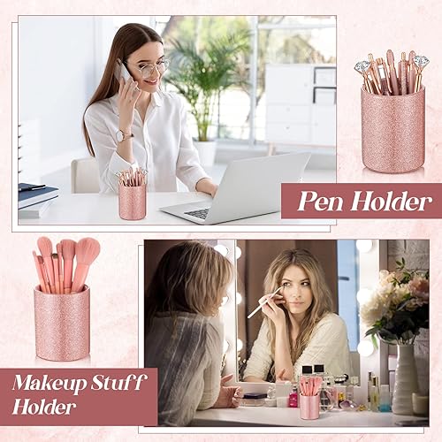 Miniatura 6 de Sabary Portalápices de oro rosa con purpurina para escritorio con 8 bolígrafos de metal de oro rosa, soporte para brochas de maquillaje para