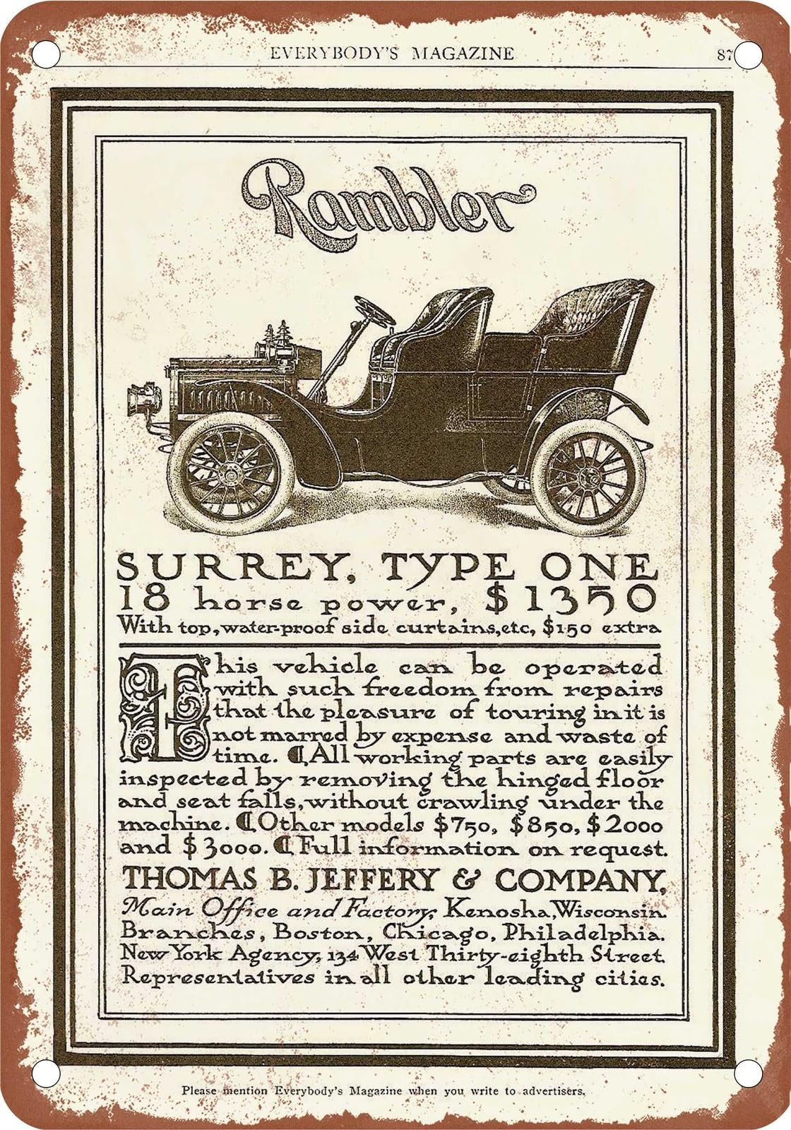 Miaomansenstore Metal Sign - 1905 Rambler Vintage Ad 01 - Old Retro Rusty Look Home Decor