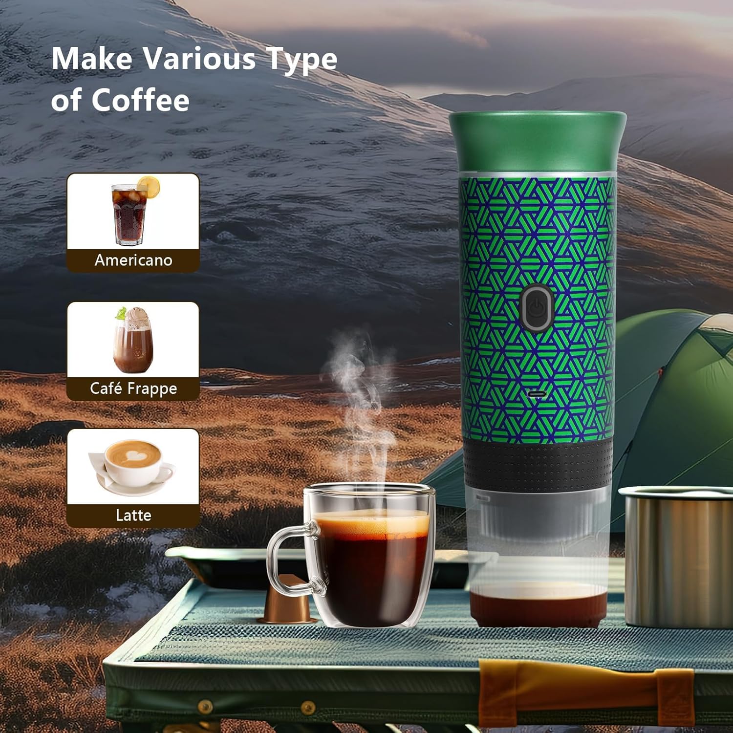 Coffee Maker Gift Set for Camping,Battery Powered Portable Electric Espresso Machine, Rechargeable Coffee Maker Self Heating Ground Coffee Capsule for RV, Hiking (Green mix Black)