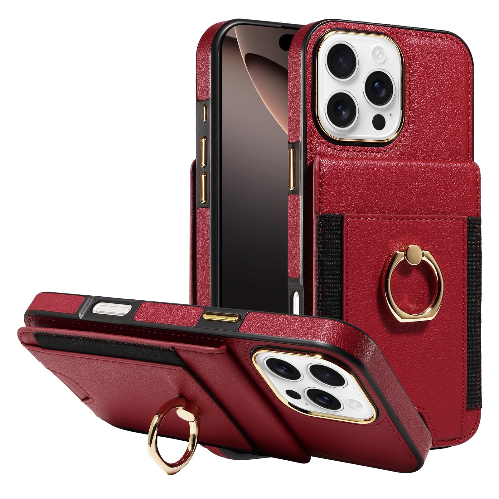 S. Tedazo for iPhone 16 Pro Max Wallet Case with Credit Card Holder and 360° Rotation Ring Stand, RFID Block Flip Leather Shockproof Cover for iPhone