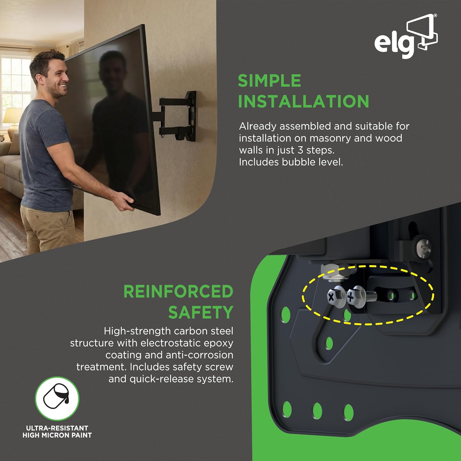 ELG Full Motion TV Wall Mount - Fits 26'' to 65'' TVs, Up to 66.1lbs, Swivel, Tilt, Extension, Max VESA 400x400mm, FULL40 PRO, Heavy-Duty Steel Construction, Sleek Black Finish