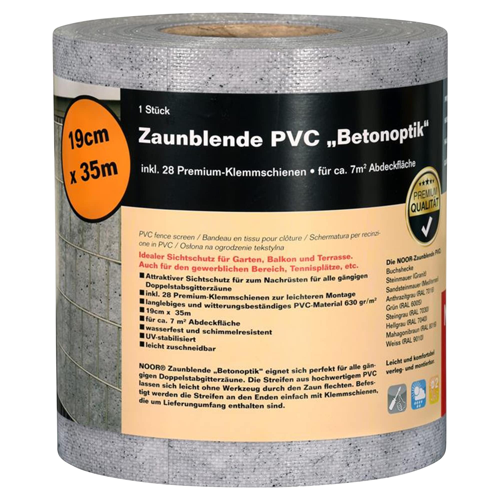 NOOR Sichtschutzstreifen PVC BLICKDICHT - Zaunblende Beton 0,19 x 35 m | blickdichter Wind- & Sichtschutz für Doppelstabmattenzaun 630 g/m² - wetterfest, UV-beständig, inklusive 28 Klemmschienen