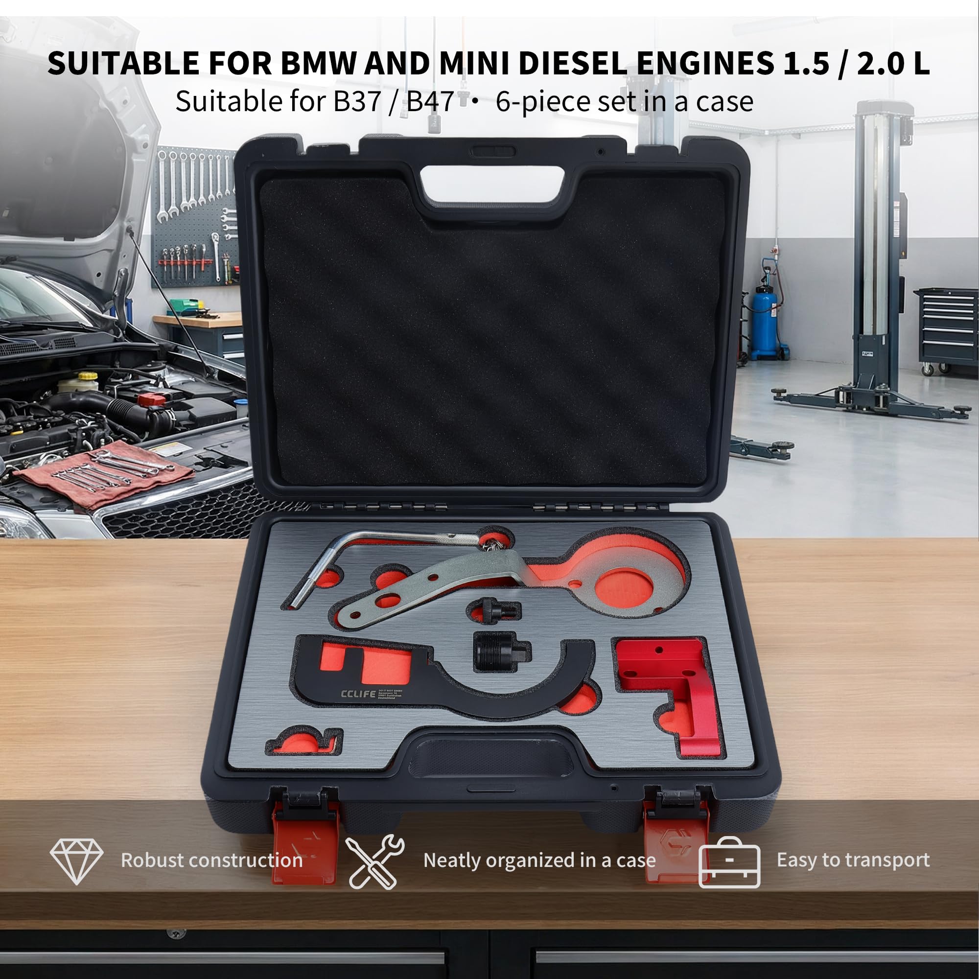 CCLIFE Motor-Einstellwerkzeug für BMW MINI B37 B47 1.5 2.0 Diesel | 6-teiliges Einstellwerkzeug für BMW MINI B37 B47 Diesel – Mit Nockenwellenwerkzeug, Kurbelwellenhalter & Einstellstift