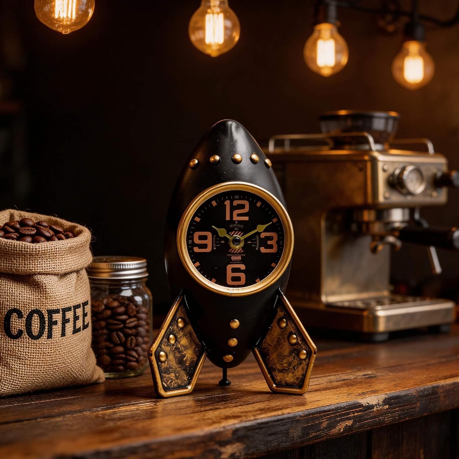 YOUKI Vintage Steampunk Rocket Table Clock - Industrial Metal Desk Decor, Battery Operated Analog Clock for Home Office, Bedroom, Man Cave, Unique Gift for Space Retro Enthusiasts