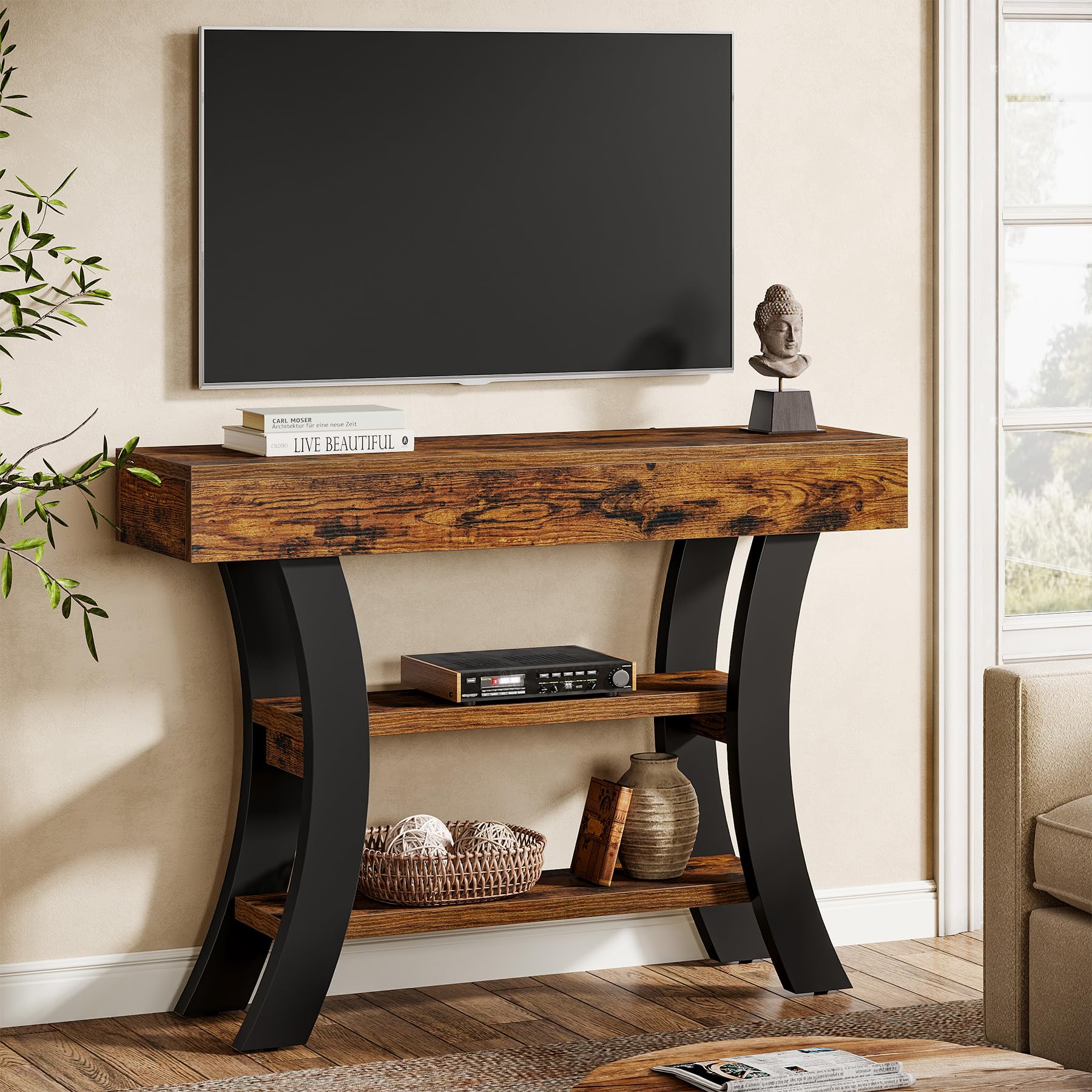 Tribesigns - Tavolo consolle piccolo da 105 cm per l'ingresso, tavolo da salotto rustico a 3 livelli con ripiani e cornice curva per soggiorno, ingresso, corridoio, foyer, marrone rustico
