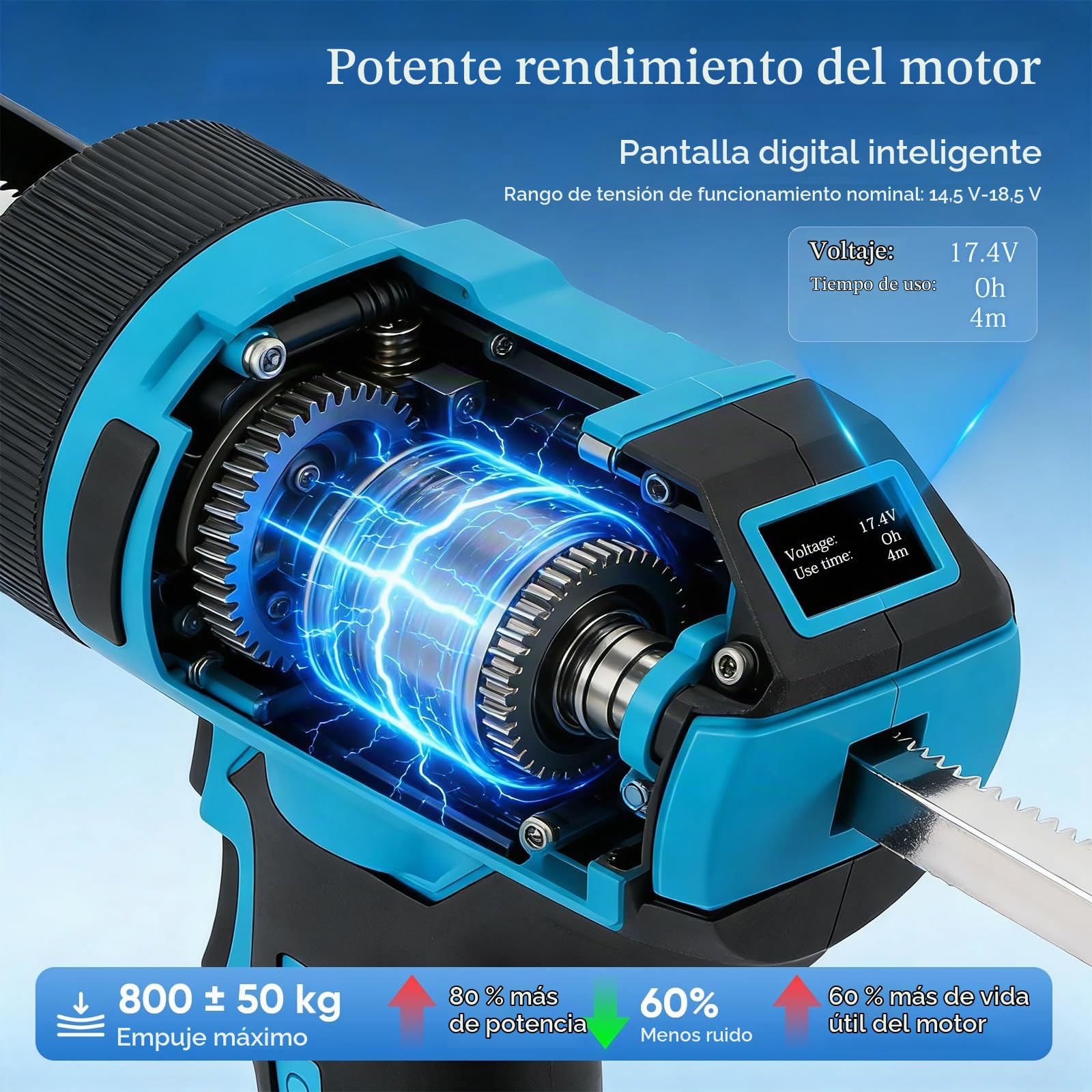 Pistola de Silicona Eléctrica 800N con Batería, 2x21V 2.0Ah, 6 Velocidades Ajustables, Pantalla Digital, Antigoteo y LED para Juntas de Bañera y Azulejos, Profesional