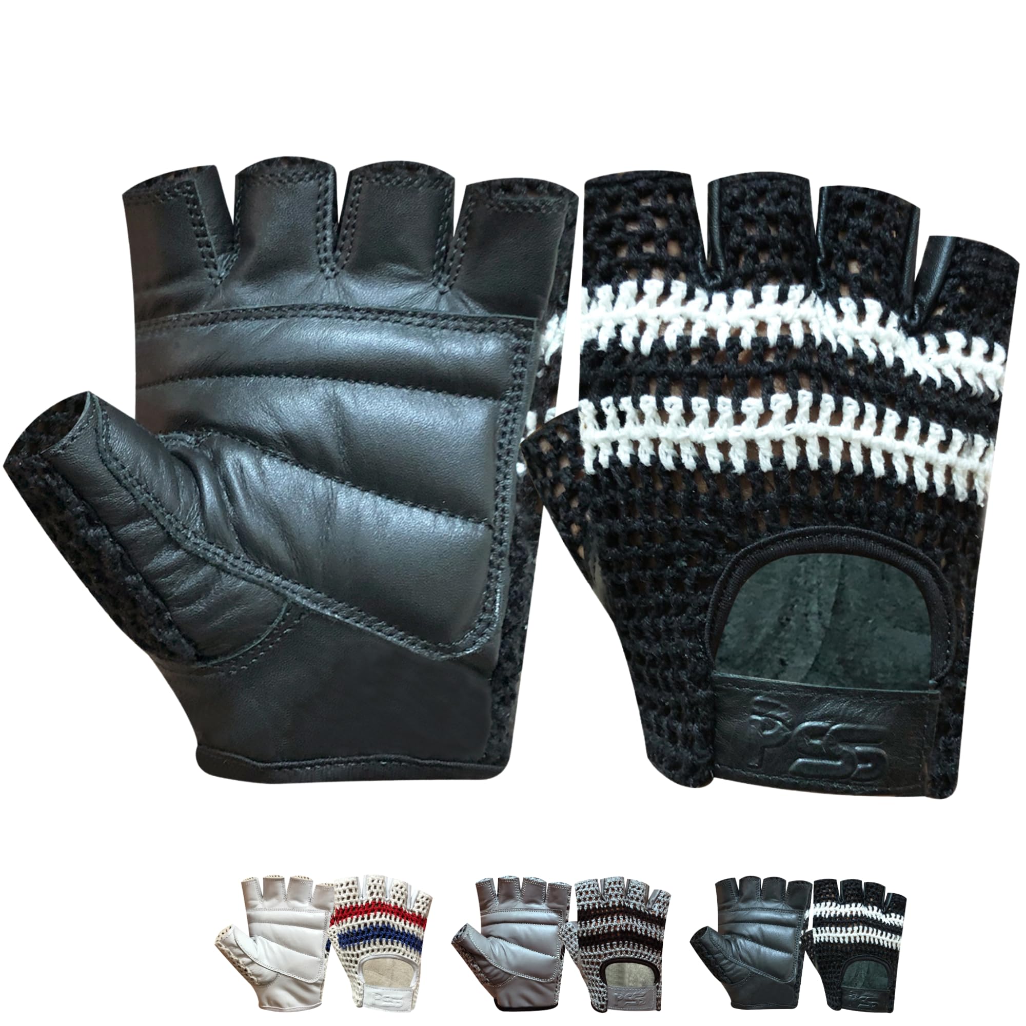 PSS Real COW Hide Leather Padded Gloves for Gym, Fitness, Weightlifting, Body Building, Workout, Training Comes With Off White Mesh for Breathability (407 Black, L)