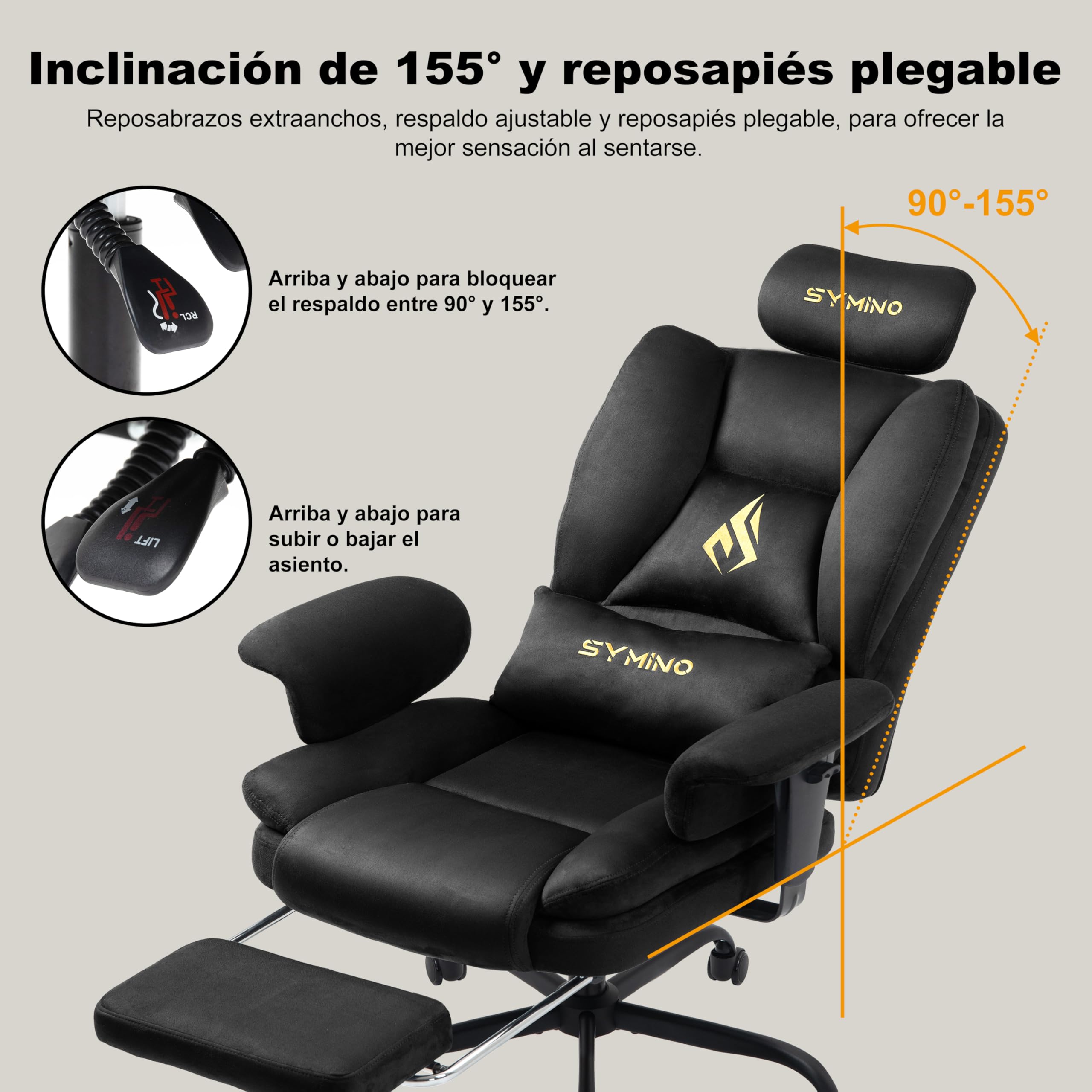 Symino Silla Gaming Ergonomica con Reposapiés - Silla Gamer de Oficina Reclinable 90-155° con Reposabrazos Ajustable -Adultos hasta 130kg