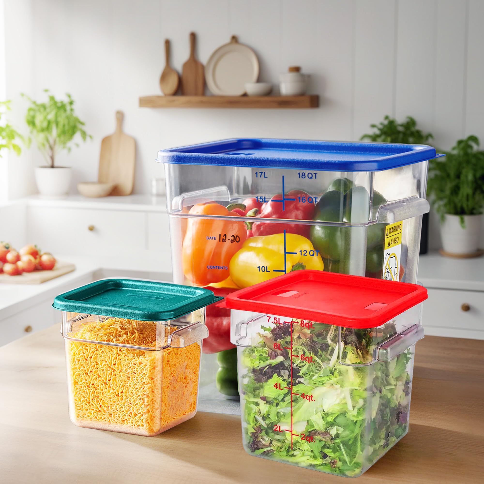 Paquete de 4 recipientes transparentes para almacenamiento de alimentos con tapas y asas, contenedores cuadrados de policarbonato para alimentos, NSF (12 cuartos de galón)