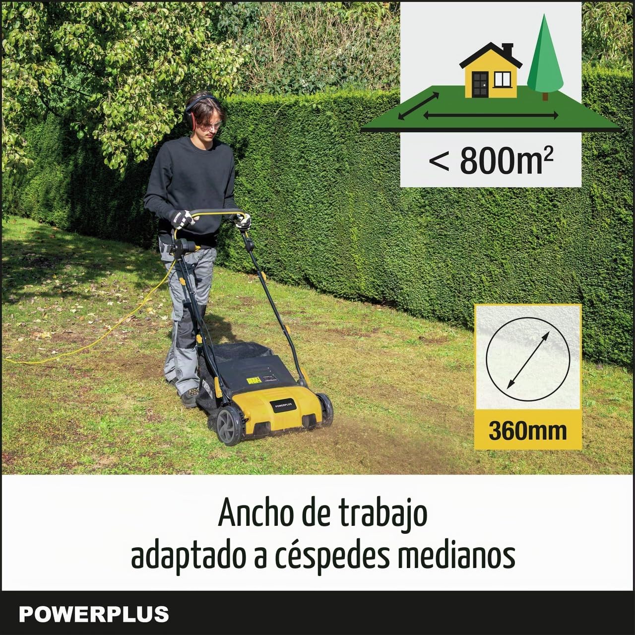 Powerplus Escarificador Eléctrico POWXG7516 - Escarificadores Eléctricos para Césped de 1800W con Ancho de Corte de 360mm - Aireador de Césped para Jardín