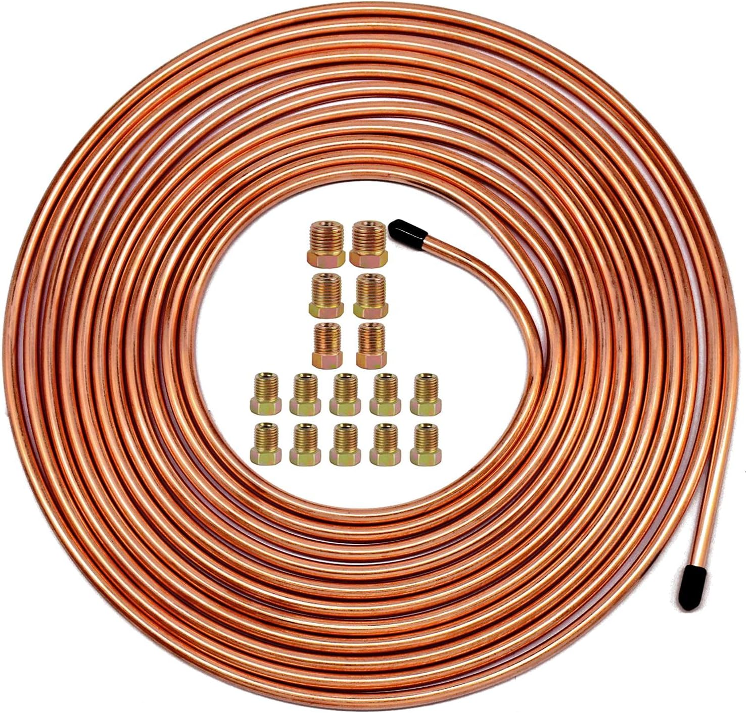 MuHize Upgraded Brake Line Tubing Kit - 25 Ft. of 3/16 Copper Coated Flexible Tube, Roll 25 ft 3/16" (Includes 16 Fittings)