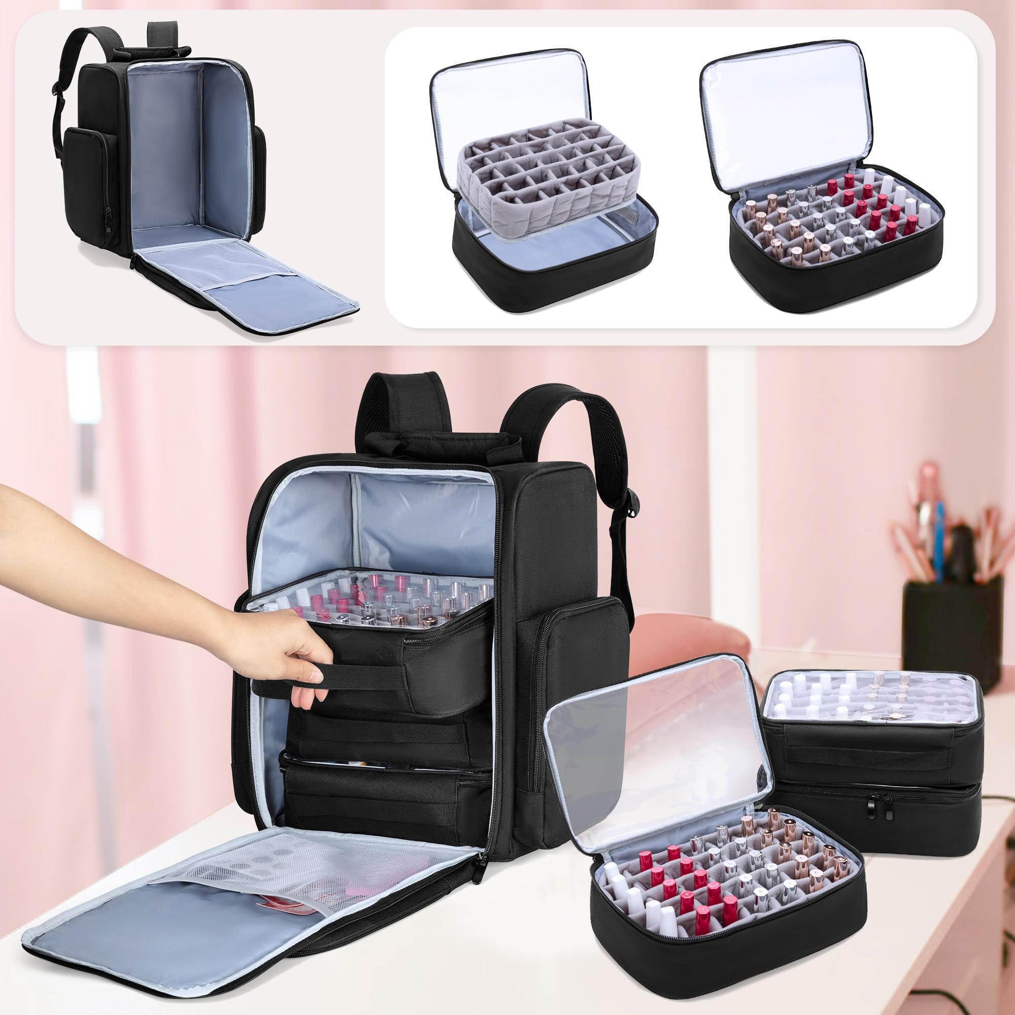 BAFASO Mochila Organizadora de Esmaltes de Uñas Sostiene 105 Botellas,Negro | Bolsa para Esmalte de Uñas con 3 Bolsas Extraíbles, Sostiene Lámpara de Uñas, (Solo Bolsa)