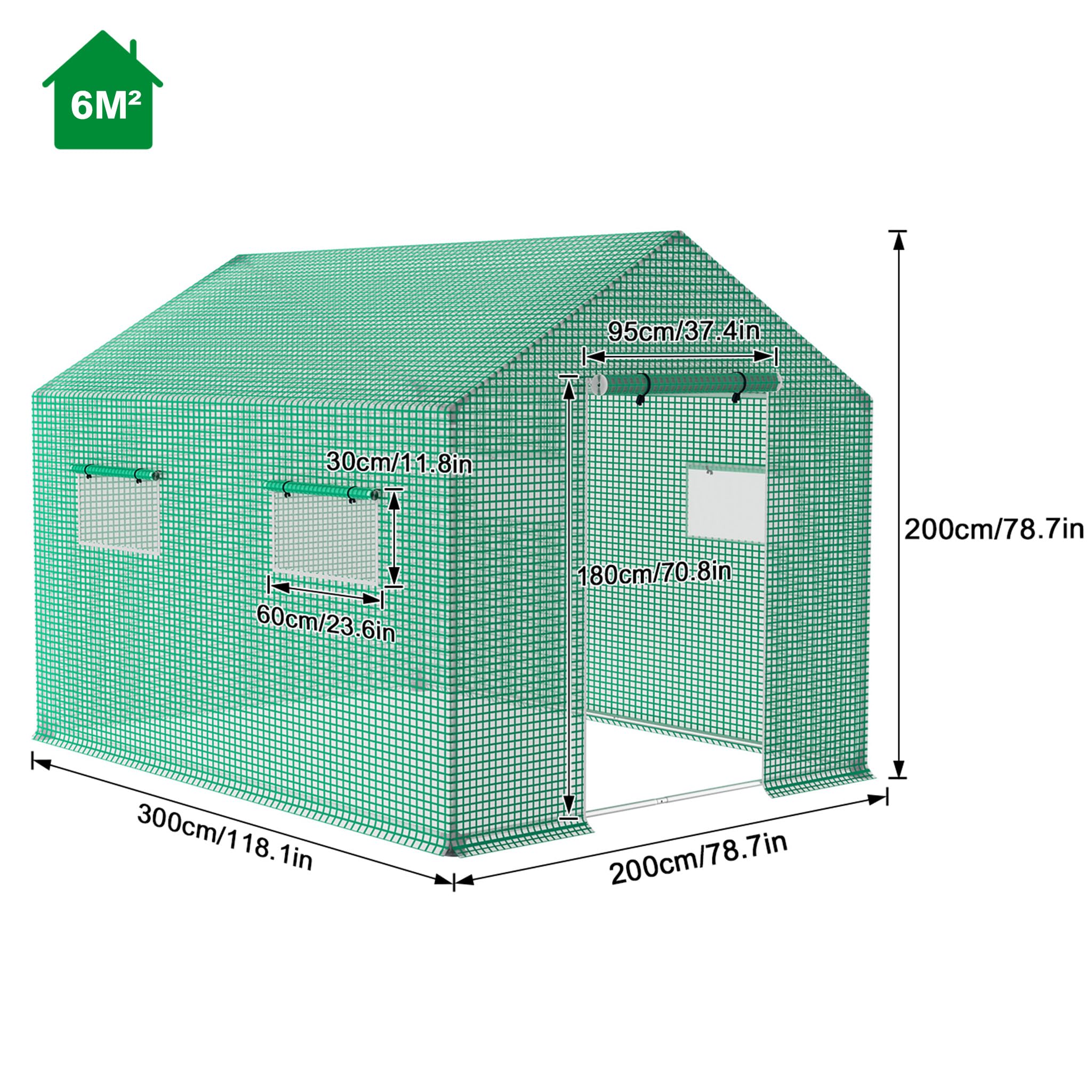 UISEBRT Invernadero de jardín de 3 x 2 x 2 m, 6 ㎡, con 4 ventanas de ventilación y puerta con cremallera, marco de acero galvanizado, lámina de polietileno de alta densidad resistente a los rayos UV