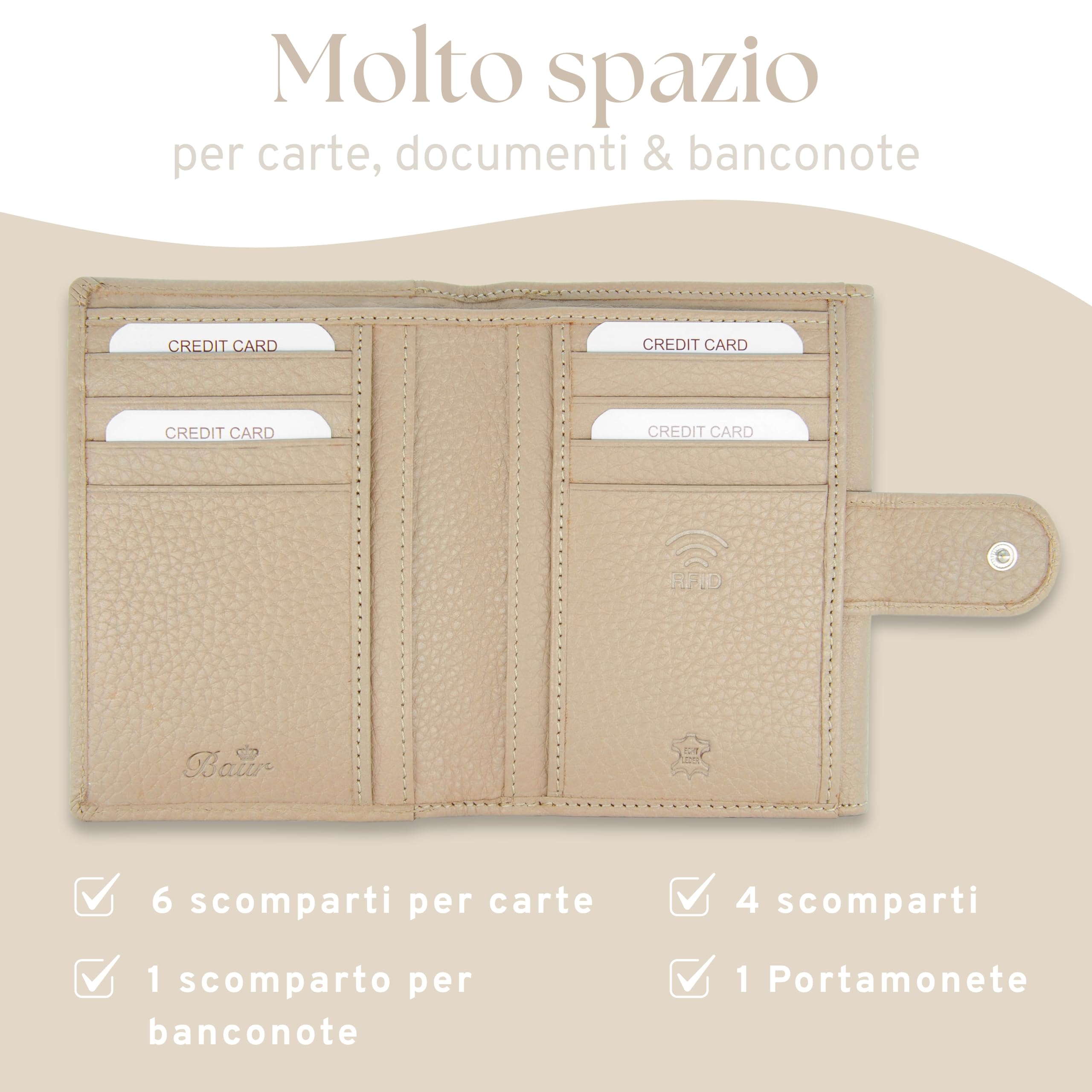 Baur portafoglio da donna – vera pelle con protezione RFID – portafoglio piccolo con 6 scomparti per carte – chiusura a bottone a pressione (Talpa)