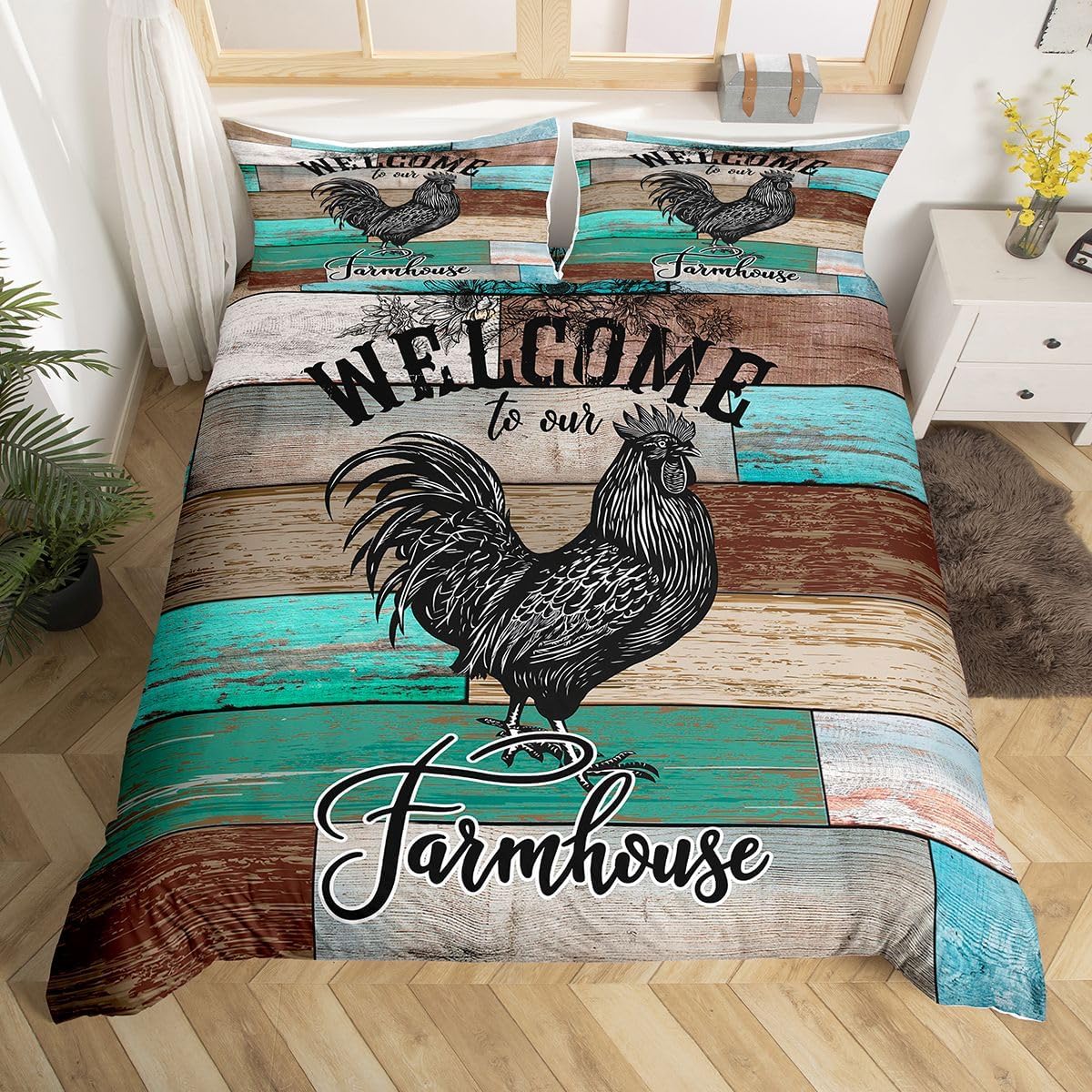 Farm Chicken Bedding Set,Vintage Wood Farmhouse Duvet Cover for Kids Teens Boys Girls,Farm Animals Comforter Cover Decorative Room,Country Style Quilt Cover with 2 Pillowcases,King Size(No Comforter)