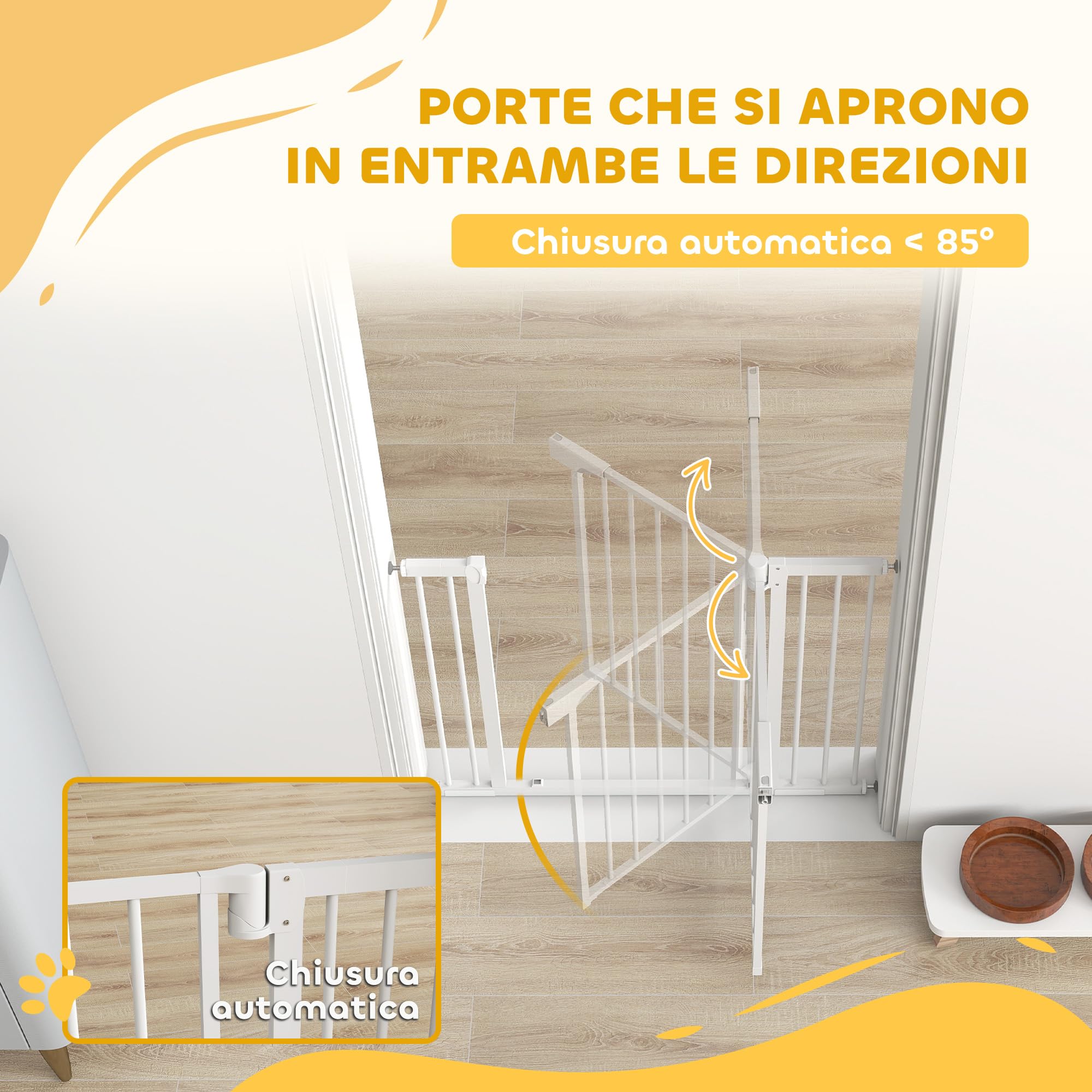 PawHut Cancelletto di Sicurezza per Bambini Cani, Estensibile 76-102 cm, Alto 76 cm, Cancellino per Cani, Scale Porte, Chiusura Automatica, Fissaggio a Pressione Senza Fori, Apertura a Due Vie, Bianco