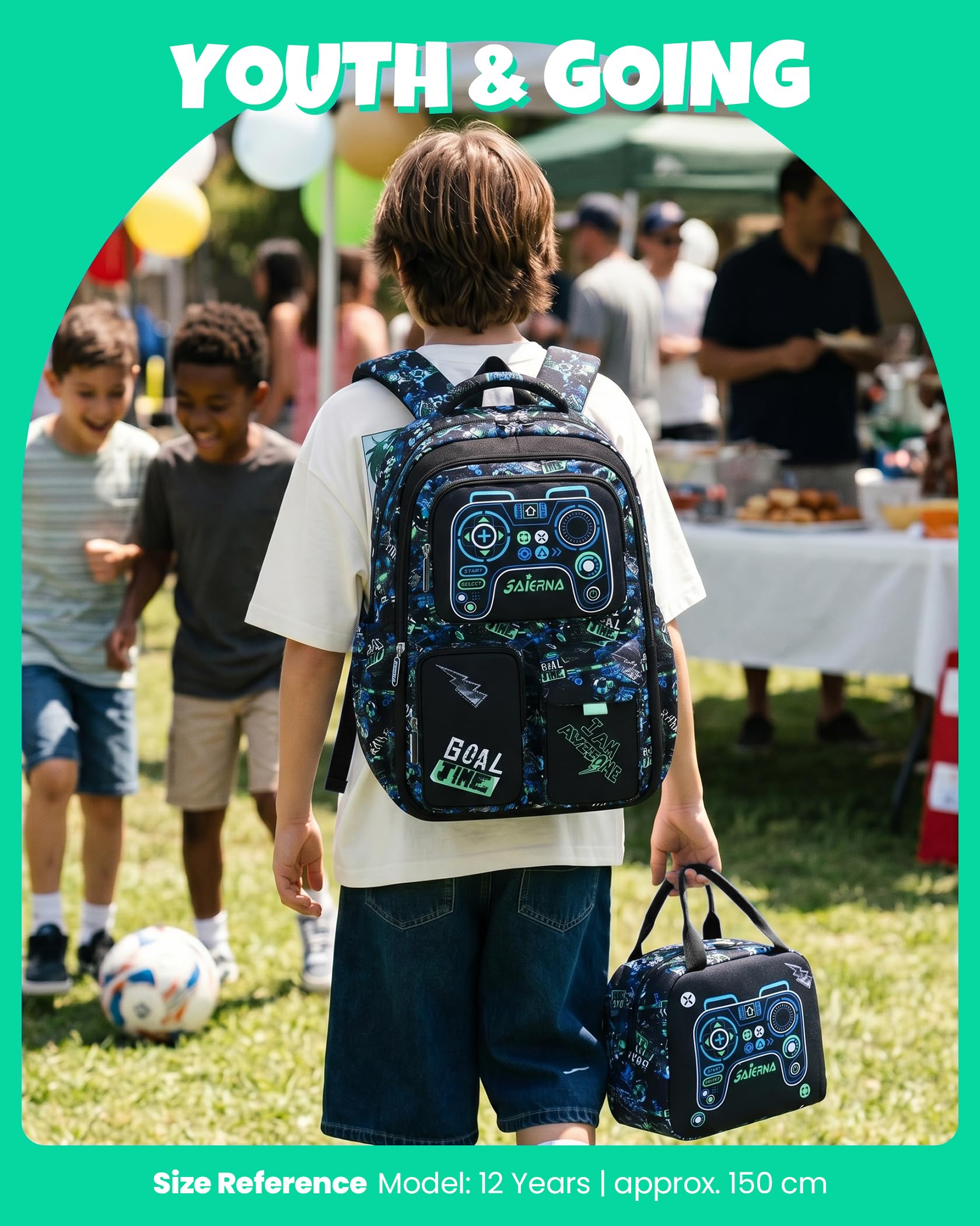 Amythe Schulranzen Jungen 3. bis 9. Klasse 3-teilig Brustgurt Set, Schwarz | Wasserdicht Laptopfach 3-teilig Groß Schwarz Daypack Multitasche Geräumig Robust für Schule Reisen Wandern Freizeit