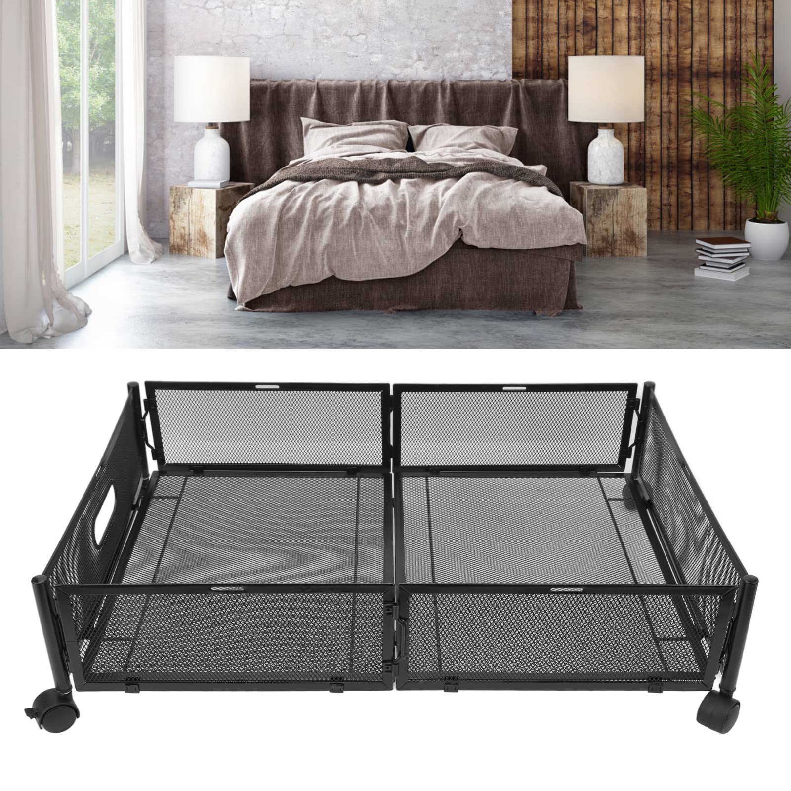 Metalowy Organizer Pod łóżkiem Wydajna, Wysuwana Szuflada Pod łóżkiem na Ubrania, Zabawki, Oddychająca, Pyłoszczelna do Szafy w Sypialni w Domu, 23,6 X 15,9 X 6,3 Cala (BLACK)