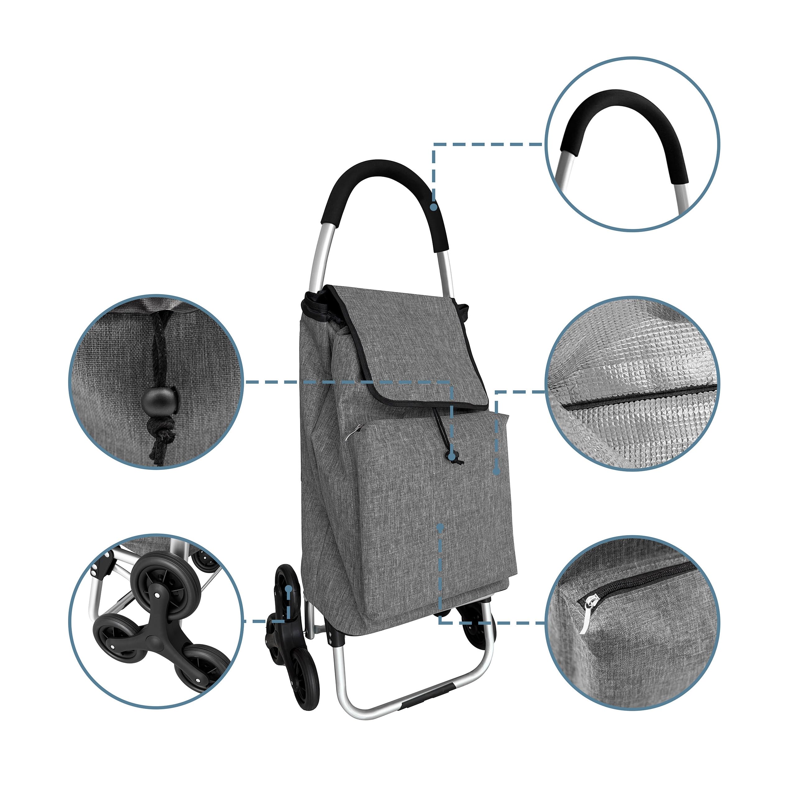 Relaxdays Wózek na zakupy, do wchodzenia po schodach, komora chłodząca, zdejmowana torba, 45 l, do 35 kg, składany wózek na zakupy, szary