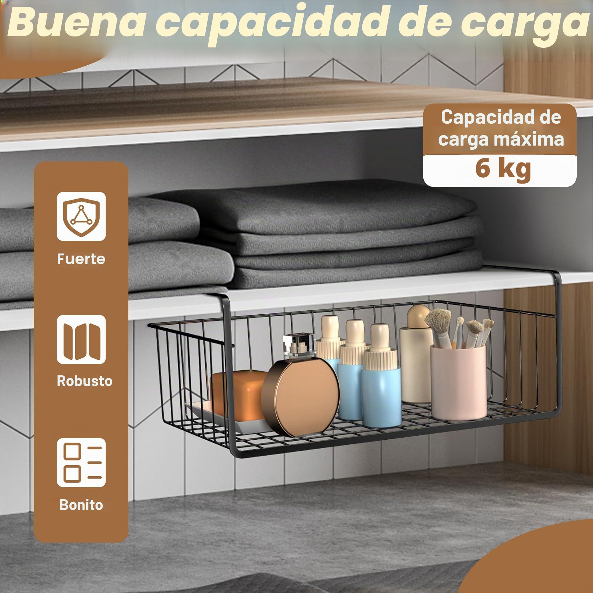 FIVMEN 2 Estantes Inferiores, Cesta Colgante de Metal, Cesta de Almacenamiento, Organizador para Cocina, Oficina, Despensa, Baño, Armario, 40 x 25 x 15 cm, Negro