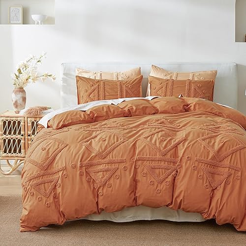 Miniatura 22 de Simple&Opulence Juego de funda de edredón 100% algodón Boho copetudo tamaño Queen, funda de edredón bordada texturizada color azul marino con 2